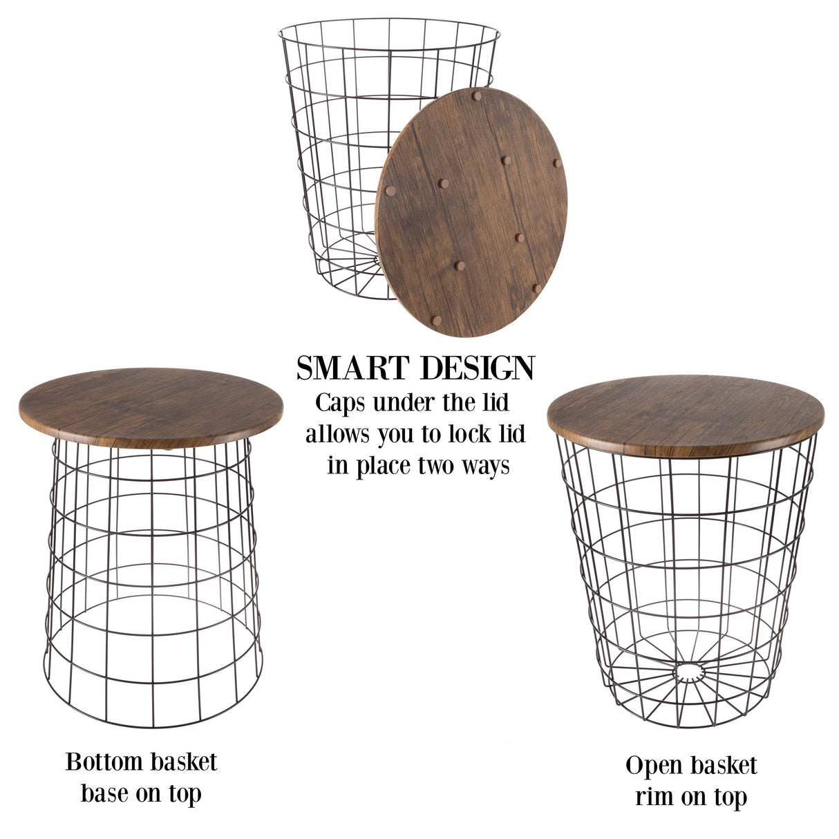 End Storage – Nesting Wire Basket Base and Wood Tops