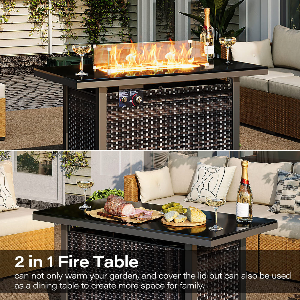 Fire Pit Table - 43 Inch Outdoor Rattan Propane Gas Fire Pit with Glass Wind Guard