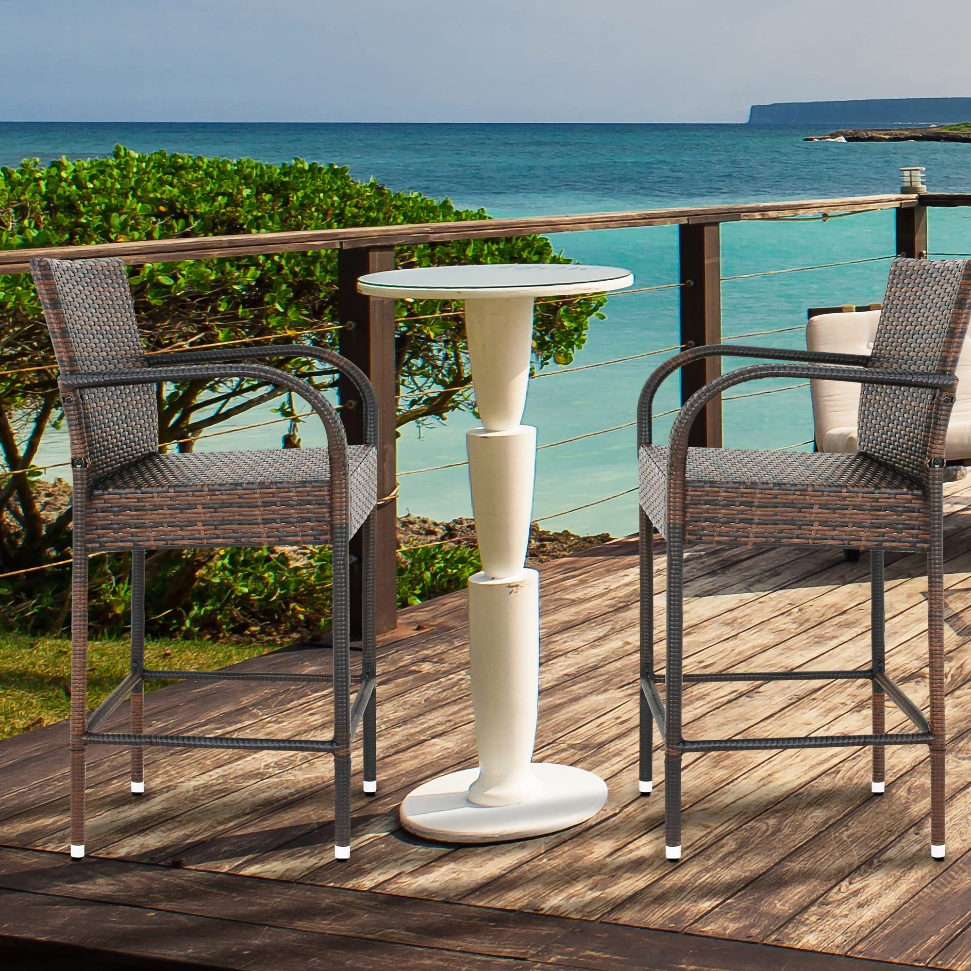 Upgraded Wicker Bar Stool Chairs Outdoor Backyard Rattan Chair w/Iron Frame