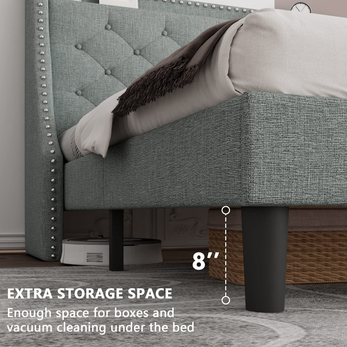 Queen Bed Frame with Wingback & 4" Storage Shelf, Upholstered Platform Bed