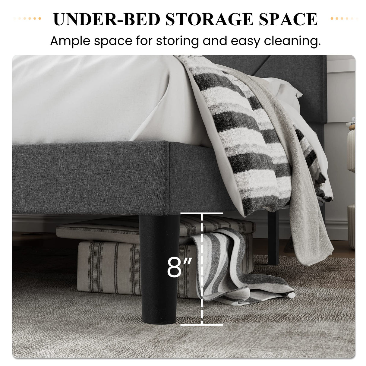 King Size Upholstered Bed Frame with Geometric Headboard, Heavy-Duty Platform Bed