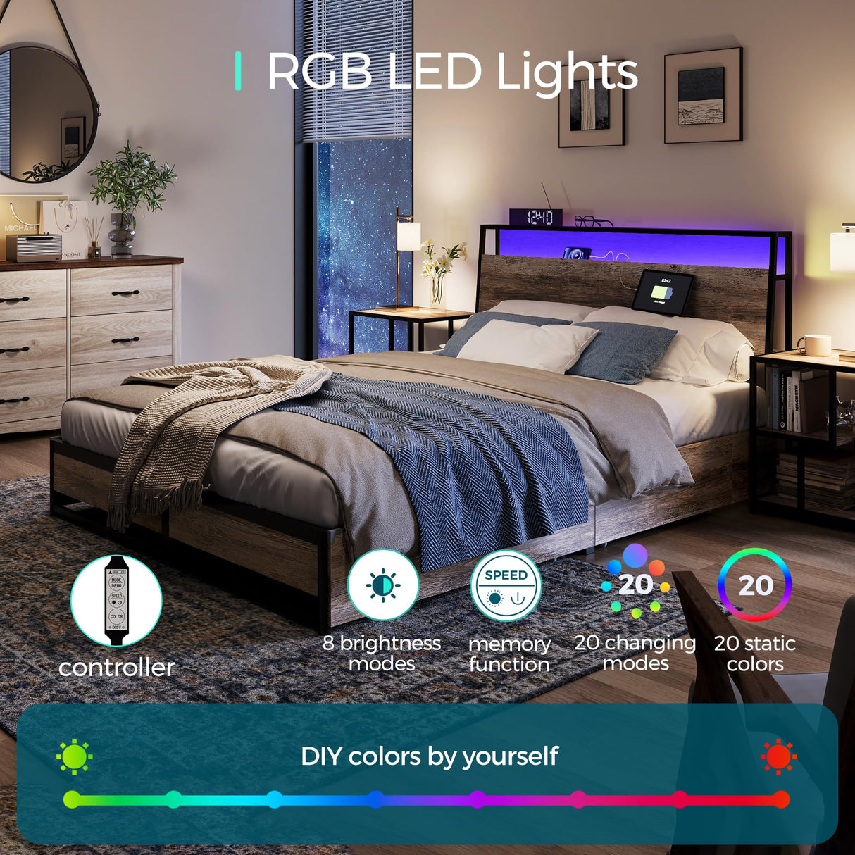 Queen Bed Frame with 4 Drawers & Headboard, Bed Frame with RGB Lights