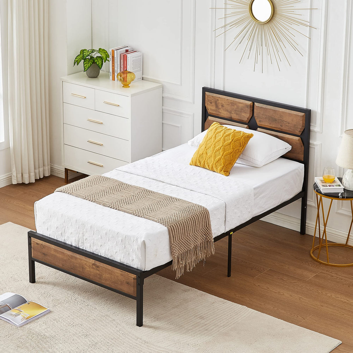 Twin Bed Frame Heavy Duty Metal Platform with Wooden Headboard Footboard Mattress