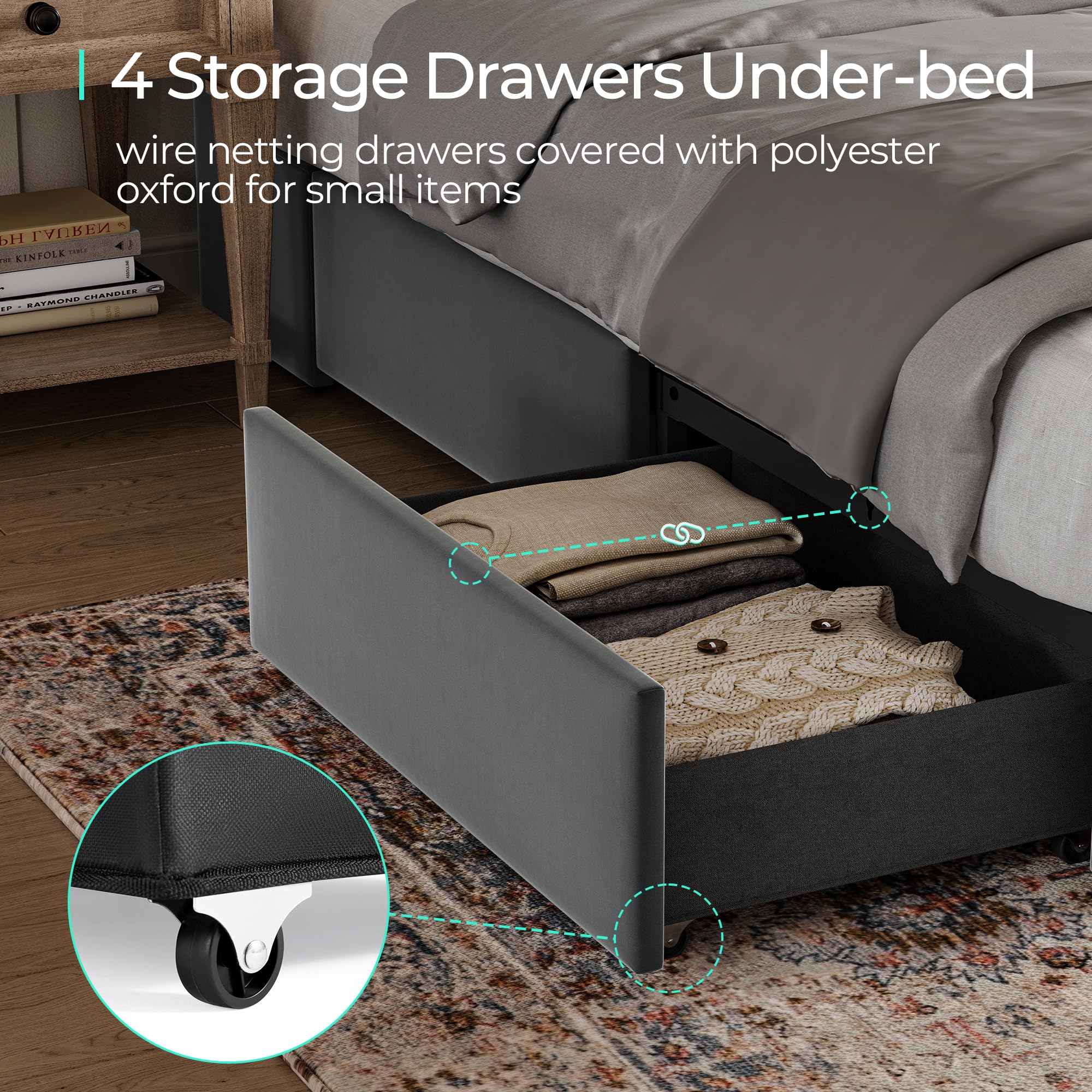 LumeRest LED Bed – Upholstered Platform with Storage Drawers & RGB Lights