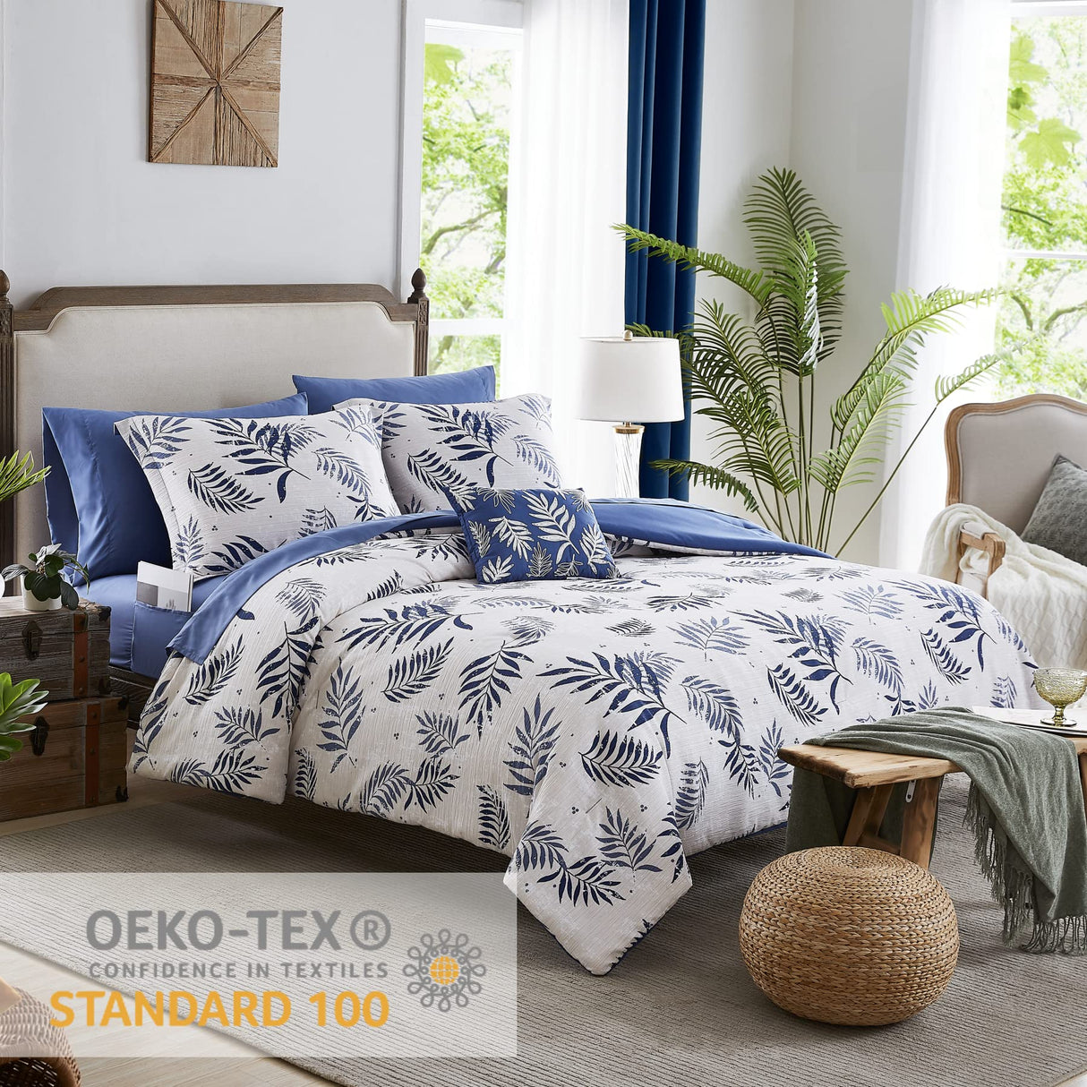 Textured Design Blue Leaves Printed Comforter King Size