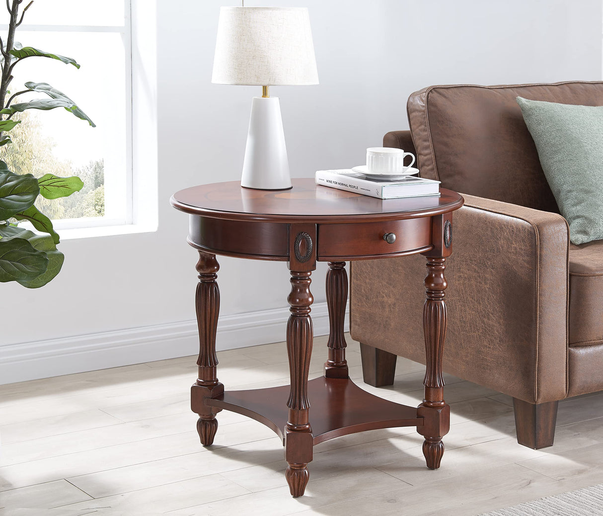 Solid Wood End Table with Drawer, Sofa Side Table with Storage Shelf