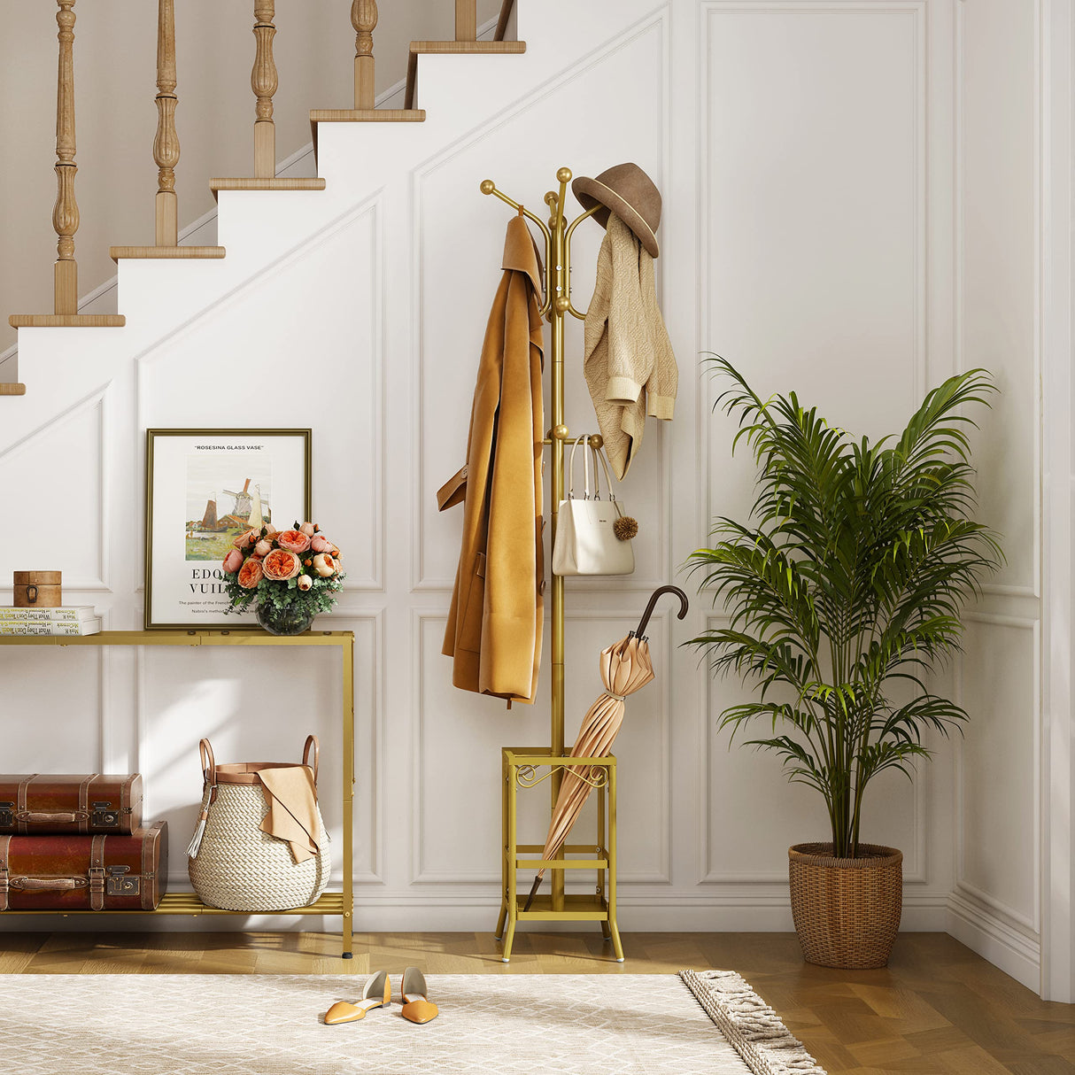 Coat Rack Freestanding ,Entryway Coat Hanger Stand, Umbrella Holder, Hall Tree