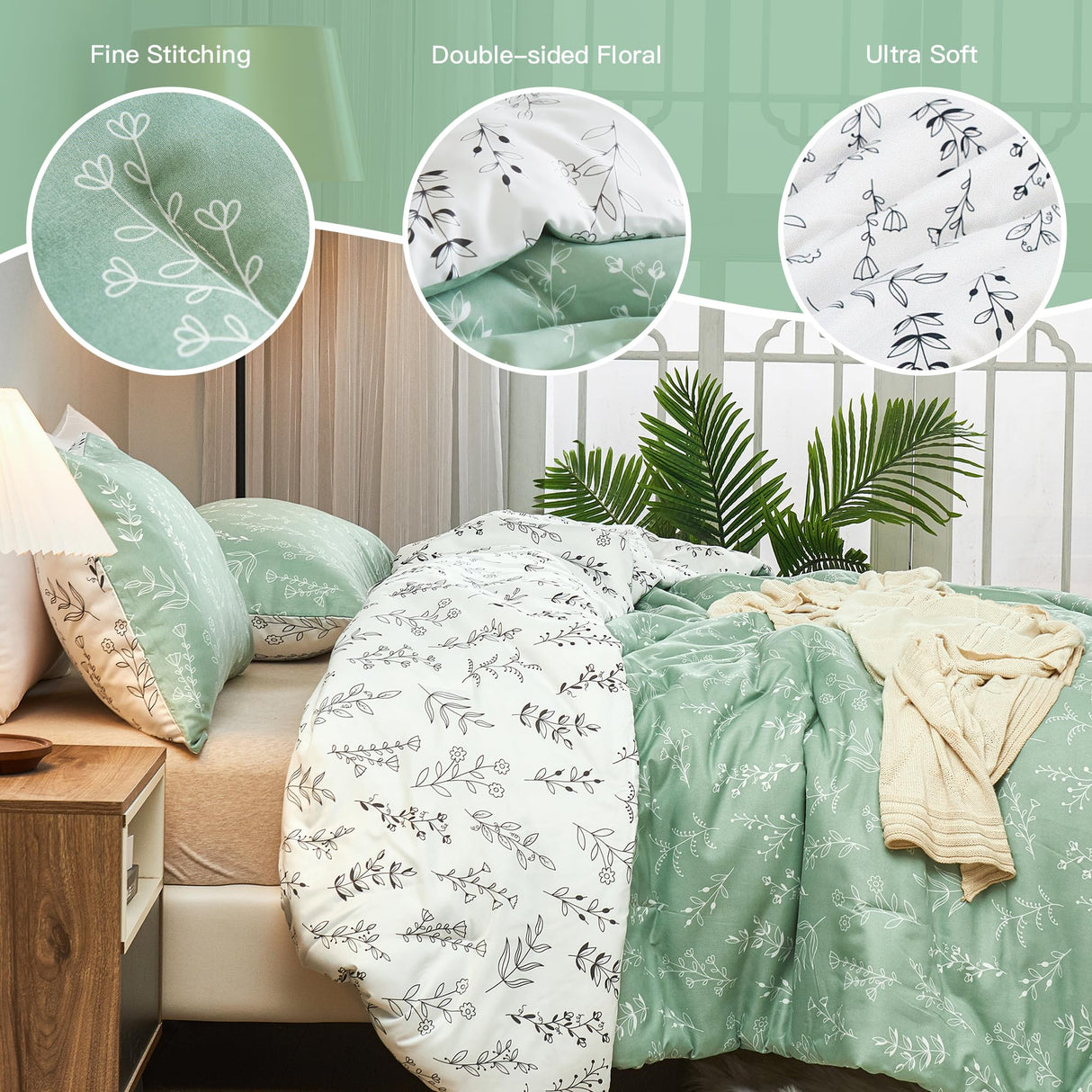 3 Pieces Reversible Cute Floral Bedding Comforter Sets Sage Green