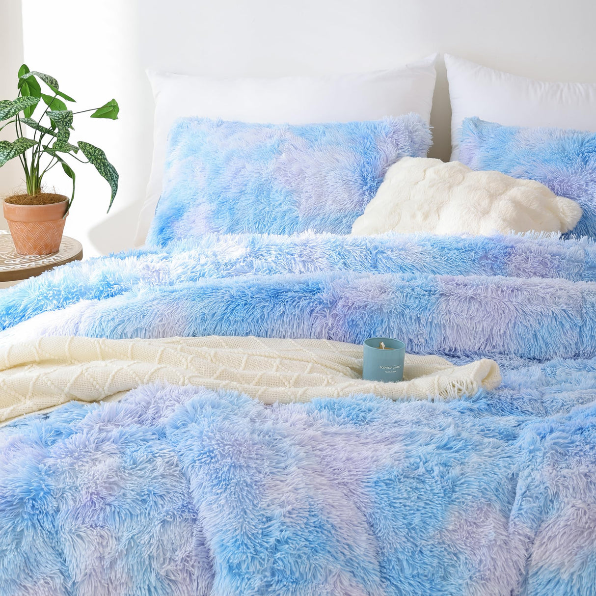 Faux Fur Comforter Queen Comforter Set Plush Comforter Tie-Dyed Colorful Blue