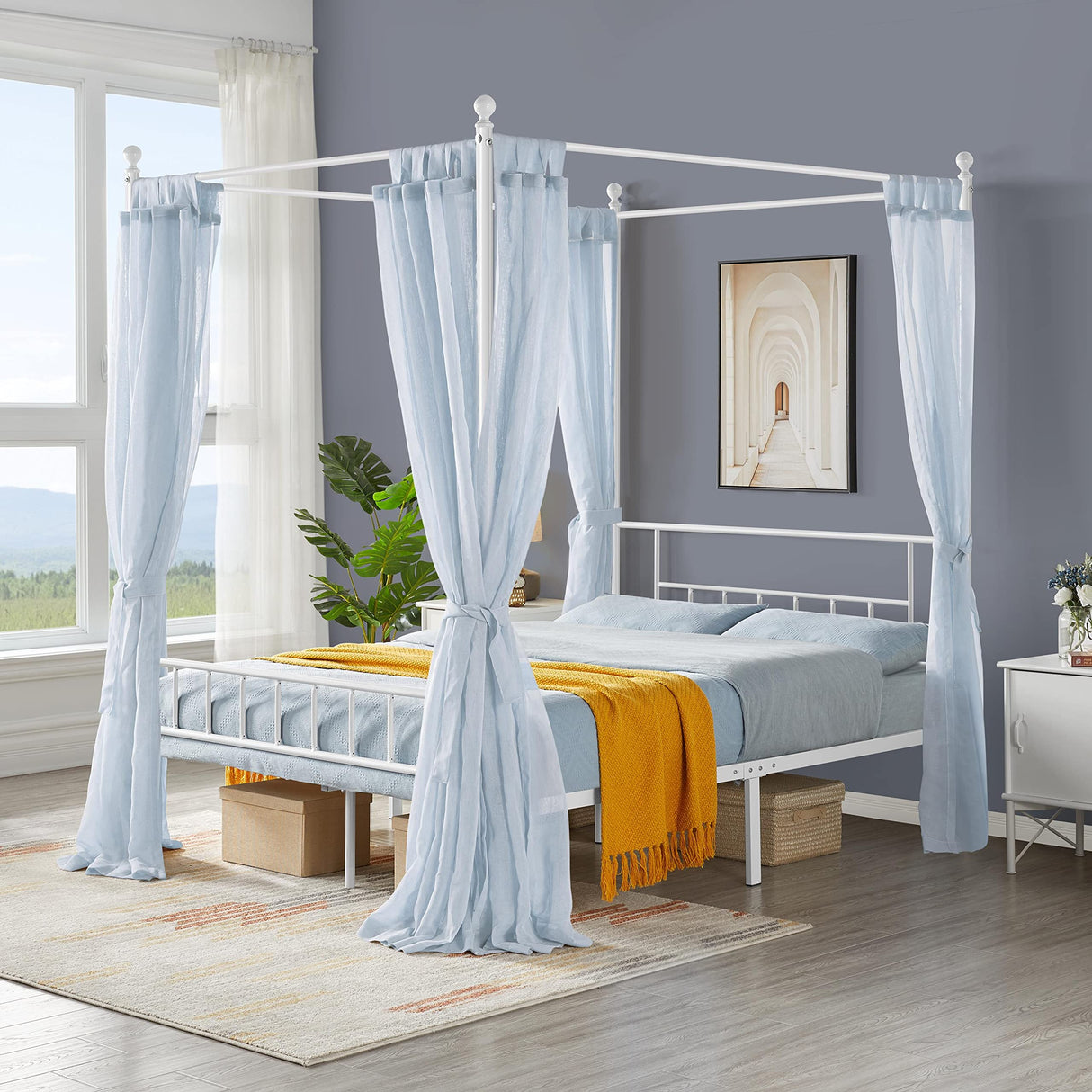 Metal Canopy Platform Bed Frame Four-Poster Canopied Bed Mattress Foundation