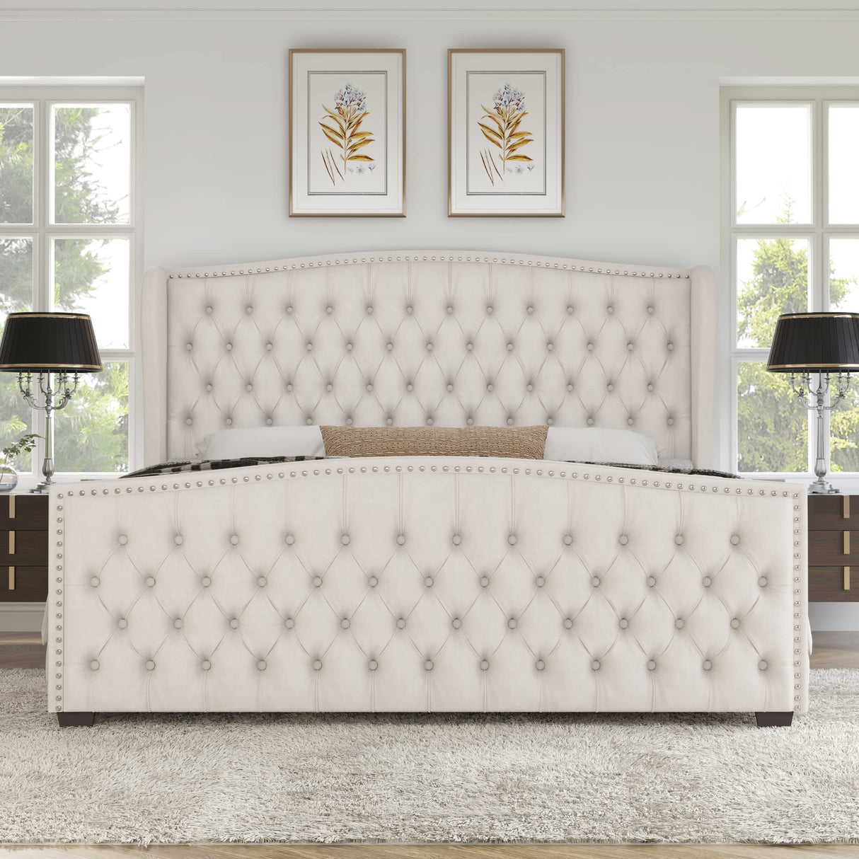 Luxury Velvet Upholstered Platform Bed, Tufted Wingback Headboard