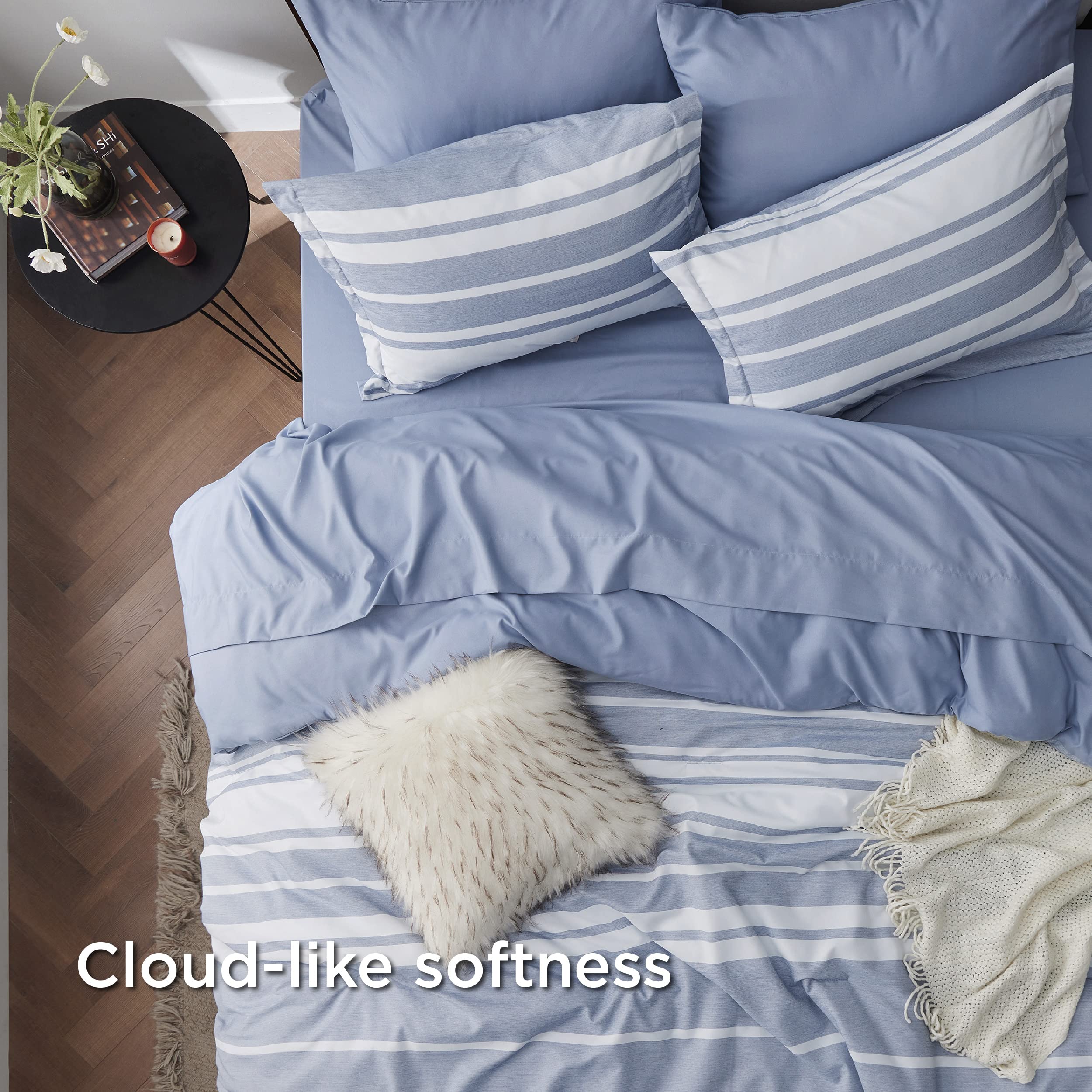 Bedding Sets Queen 7 Pieces, Striped Blue Comforter Set Queen