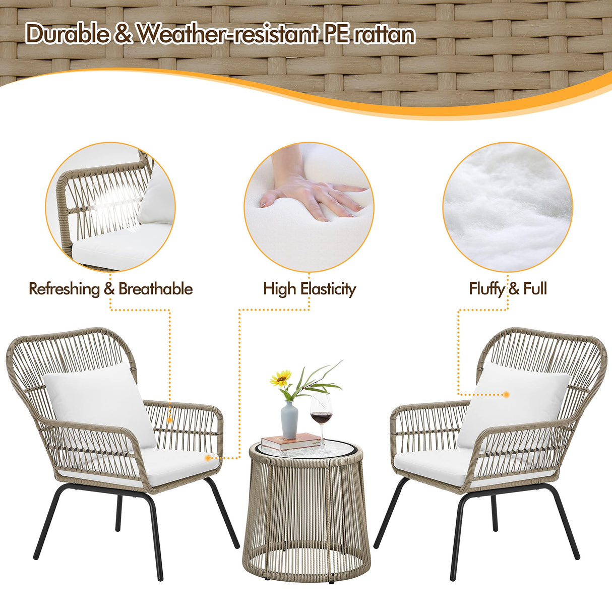 3-Piece Patio Bistro Conversation Set, Outdoor All-Weather Wicker Set