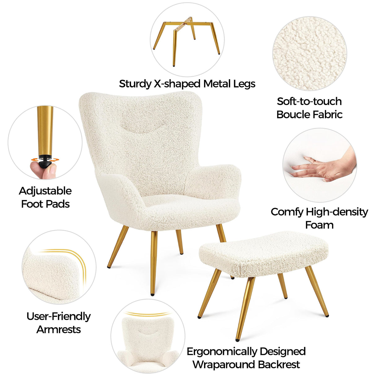 Accent Chair and Ottoman Set, Sherpa Armchair with Golden Metal Legs