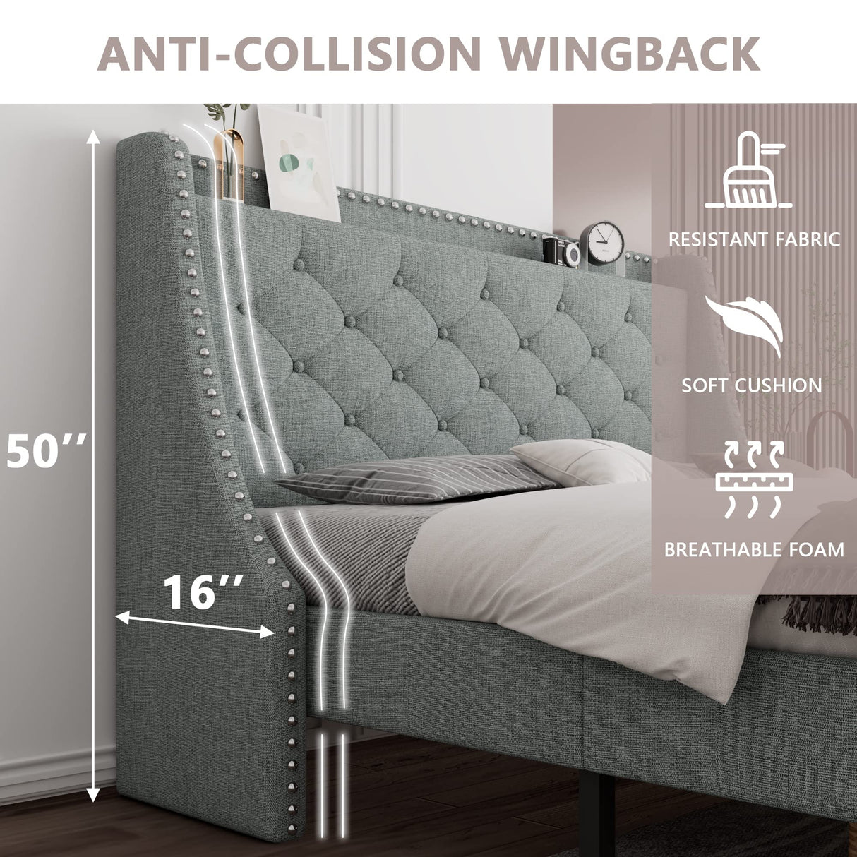 Queen Bed Frame with Wingback & 4" Storage Shelf, Upholstered Platform Bed