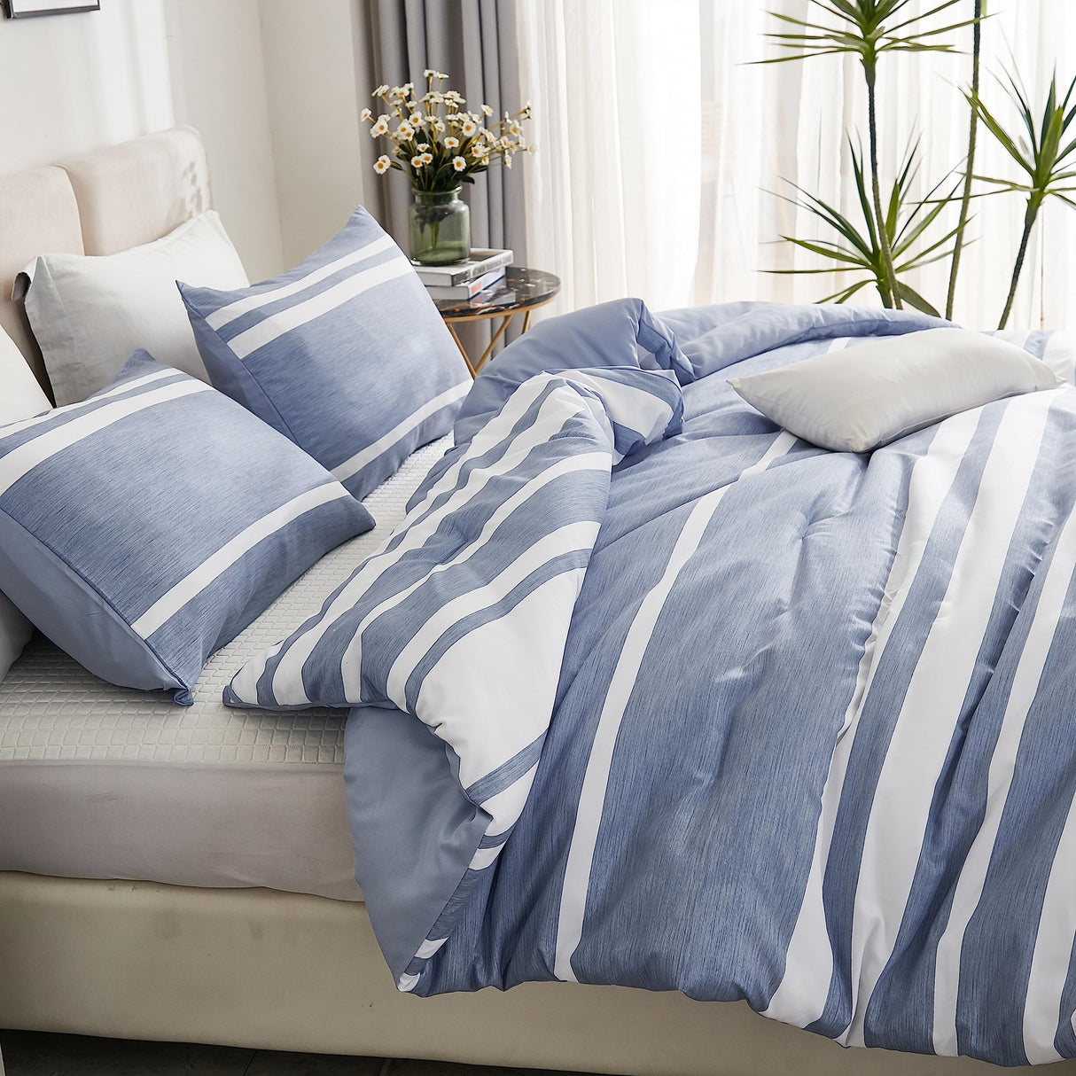 3 Pieces Striped Summer Bedding Sets, Reversible Soft Lightweight