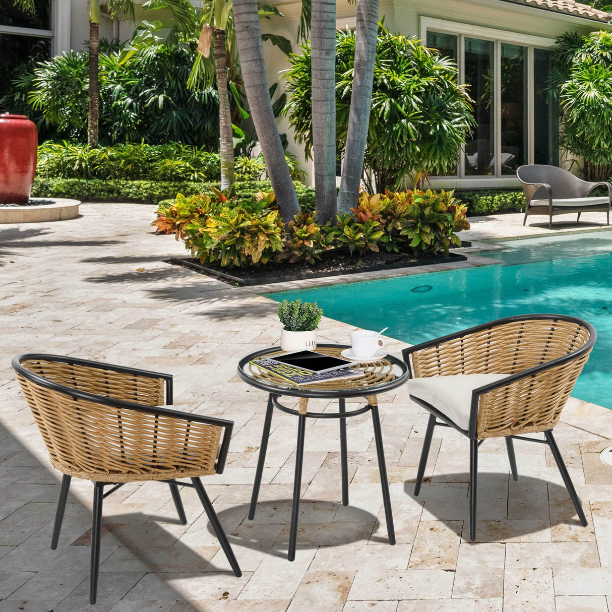 3 Pieces Patio PE Rattan Bistro Set, Outdoor Round Wicker Coffee Set