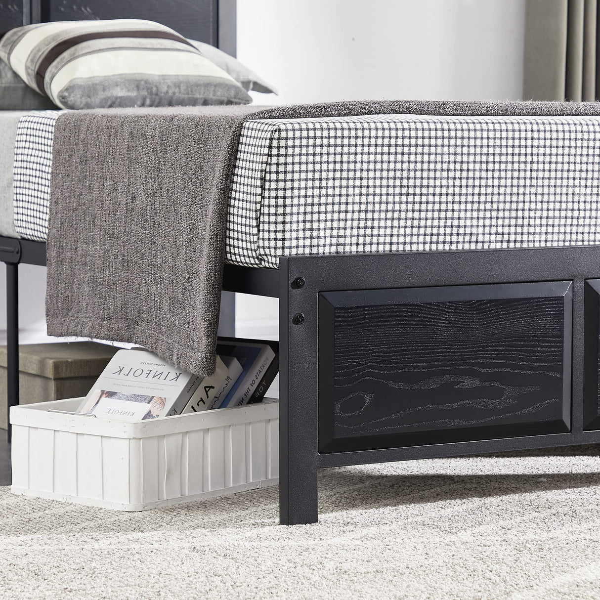 Twin Size Platform Bed Frame with Black Wood Headboard, Mattress Foundation