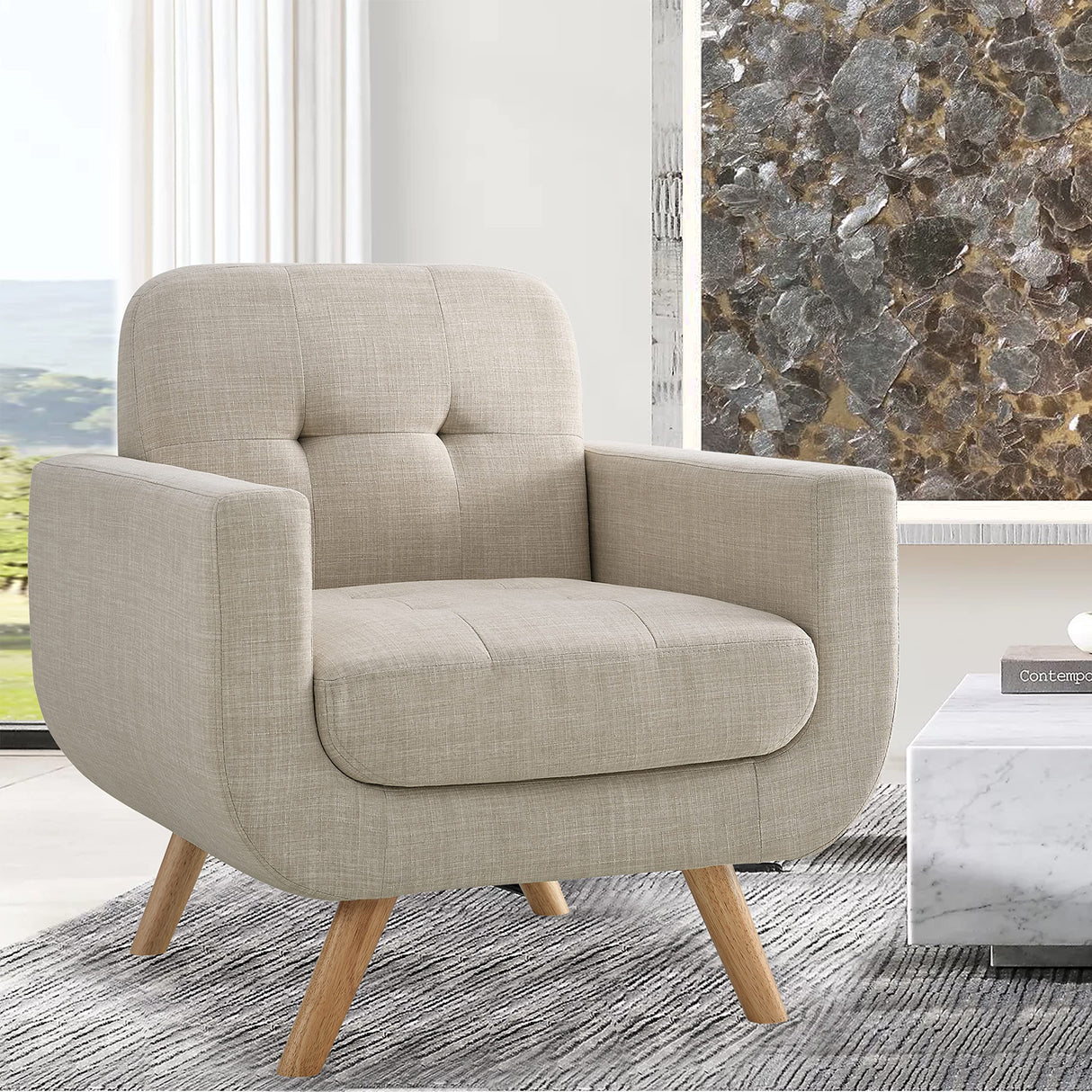 Elena Contemporary Accent Armchair with Linen Upholstery Living Room Furniture
