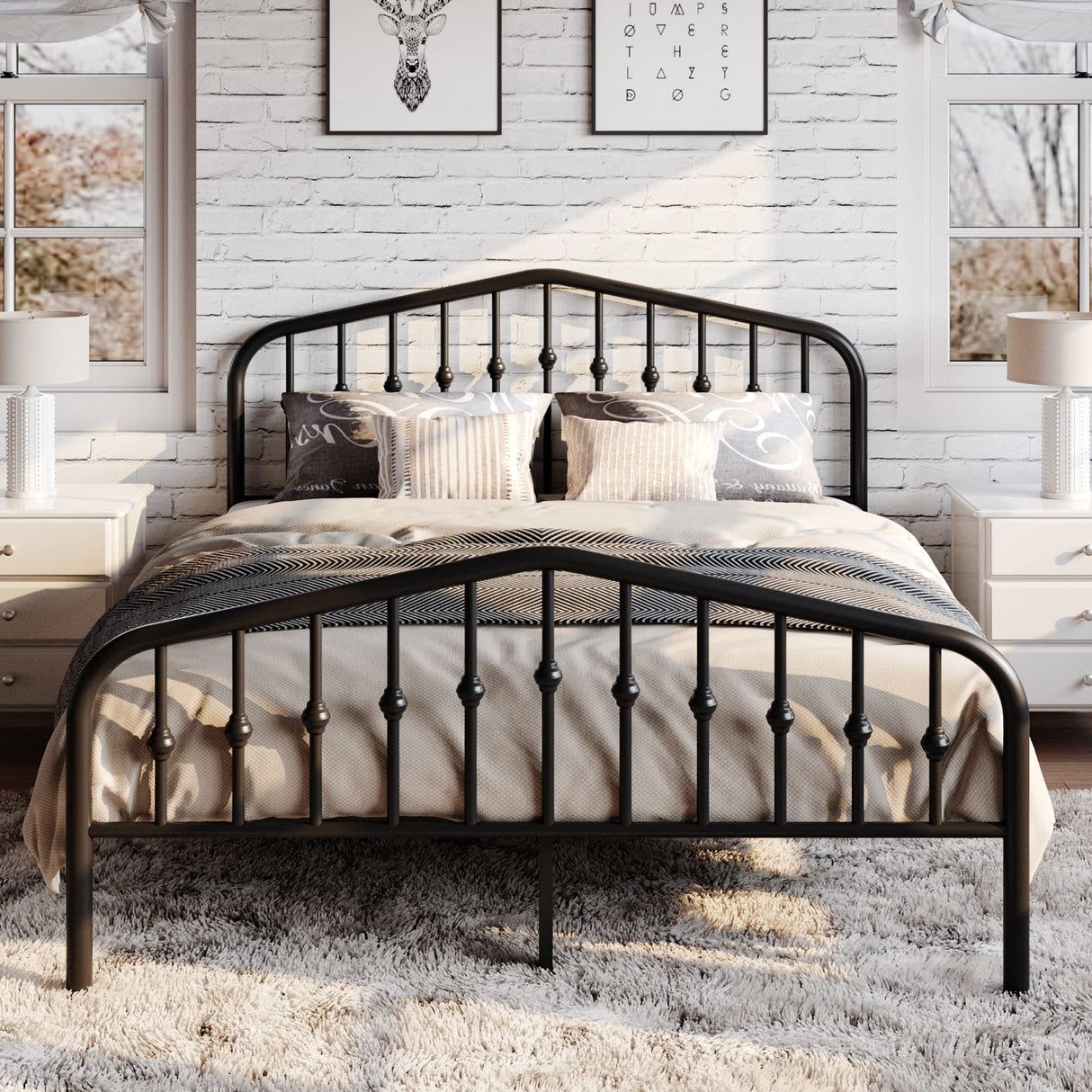 Queen Size Metal Platform Bed Frame with Victorian Style Wrought Iron