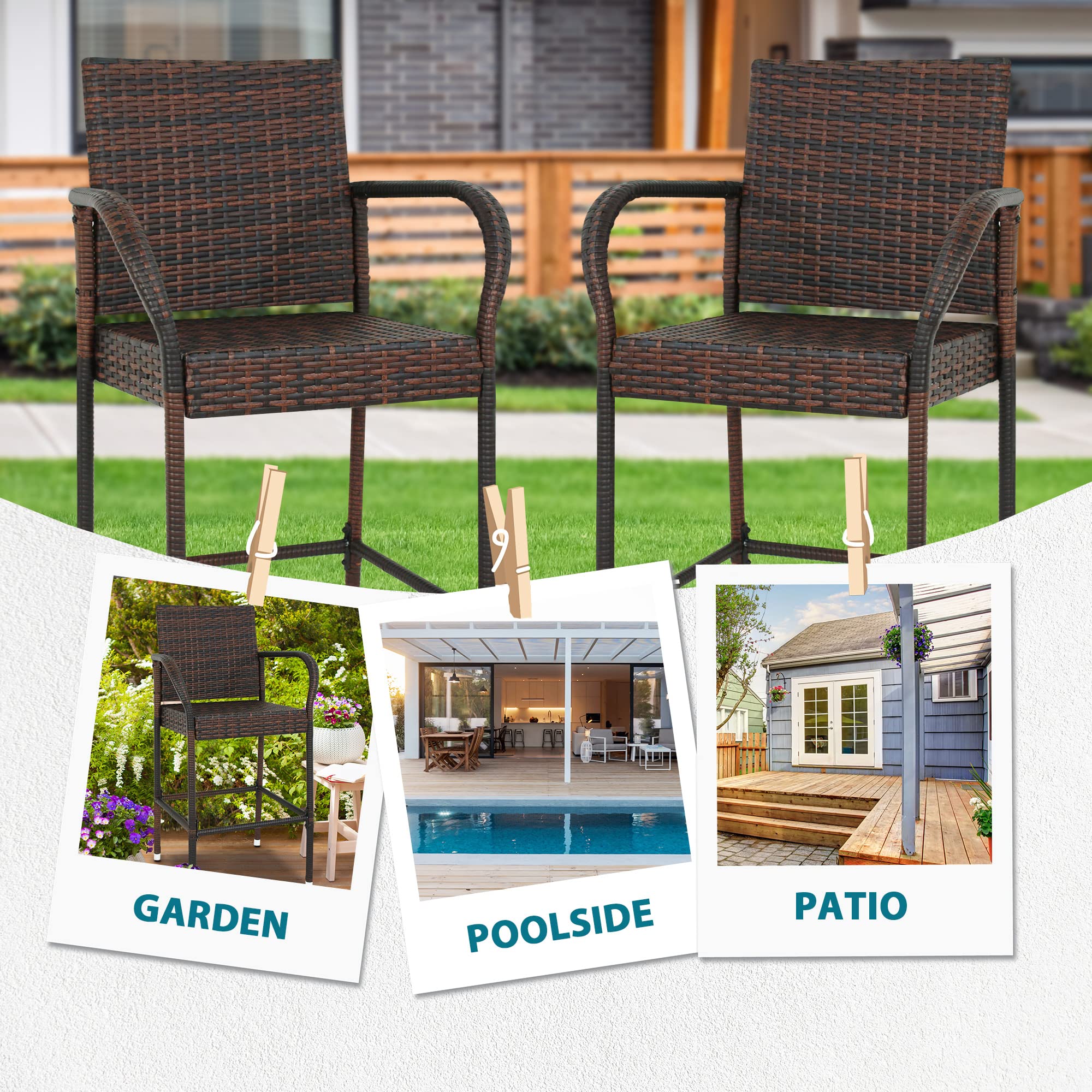 Upgraded Wicker Bar Stool Chairs Outdoor Backyard Rattan Chair w/Iron Frame