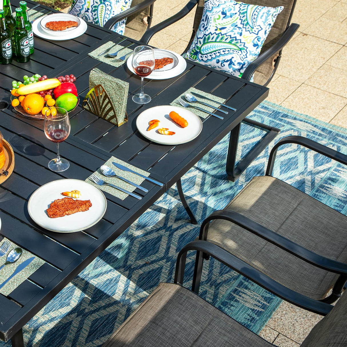 9 pcs Patio Dining Set, Large Square Table with Umbrella Dining Chairs