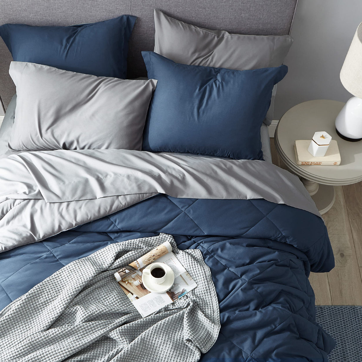 Navy Full Size Bed in a Bag - 7 Pieces Reversible Comforter Set Full Bed Set