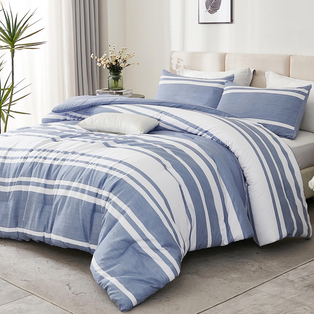 3 Pieces Striped Summer Bedding Sets, Reversible Soft Lightweight