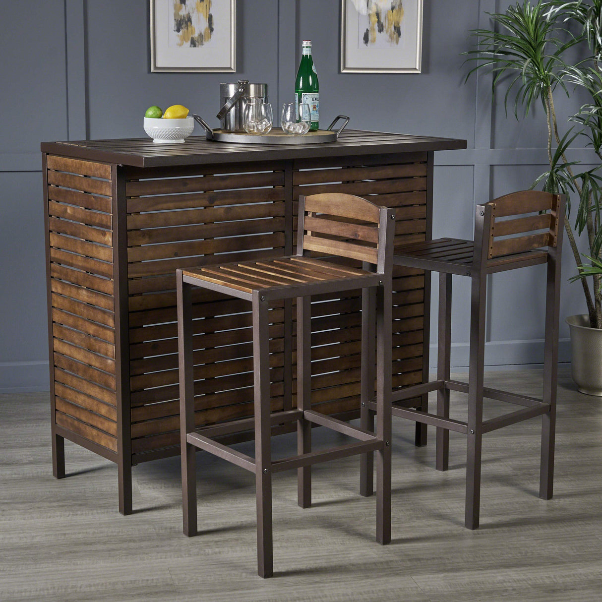 Leni Indoor Acacia Bar Set with Rustic Metal Finish Accents