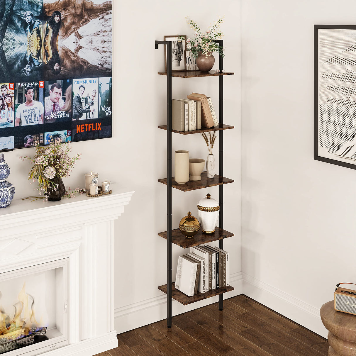 Industrial Bookcase, Ladder Shelf, 5-Tier Wood Wall Mounted Bookshelf