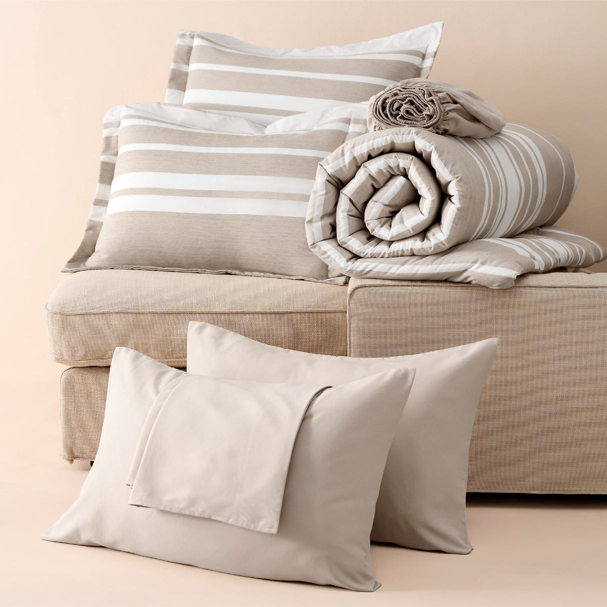 Bed in a Bag Twin Size 5 Pieces, Khaki White Striped Bedding Comforter Sets All Season Bed Set