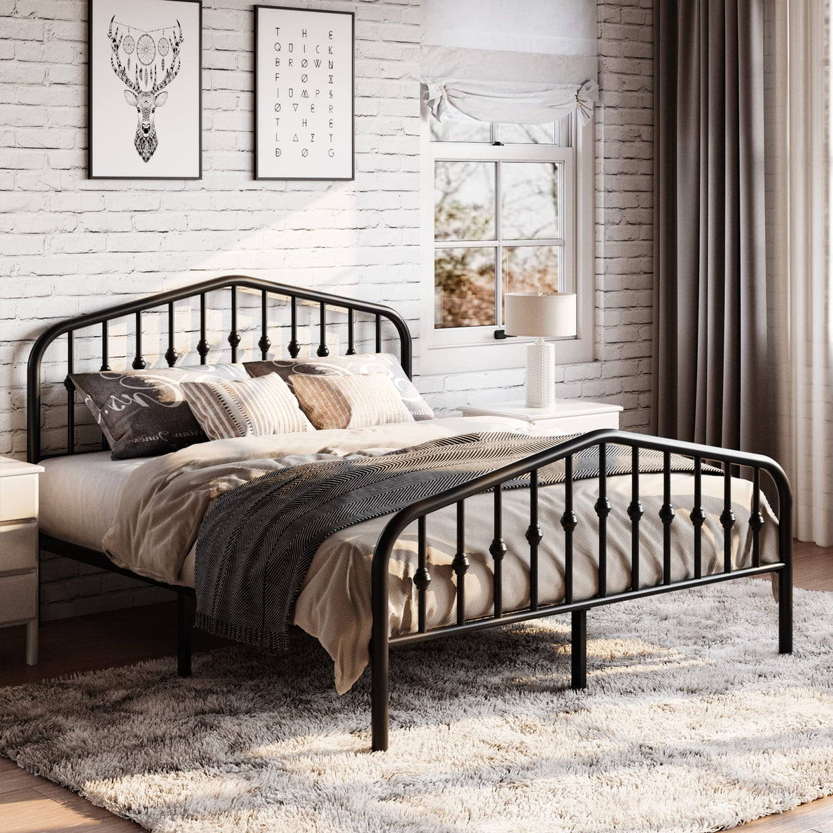 Queen Size Metal Platform Bed Frame with Victorian Style Wrought Iron