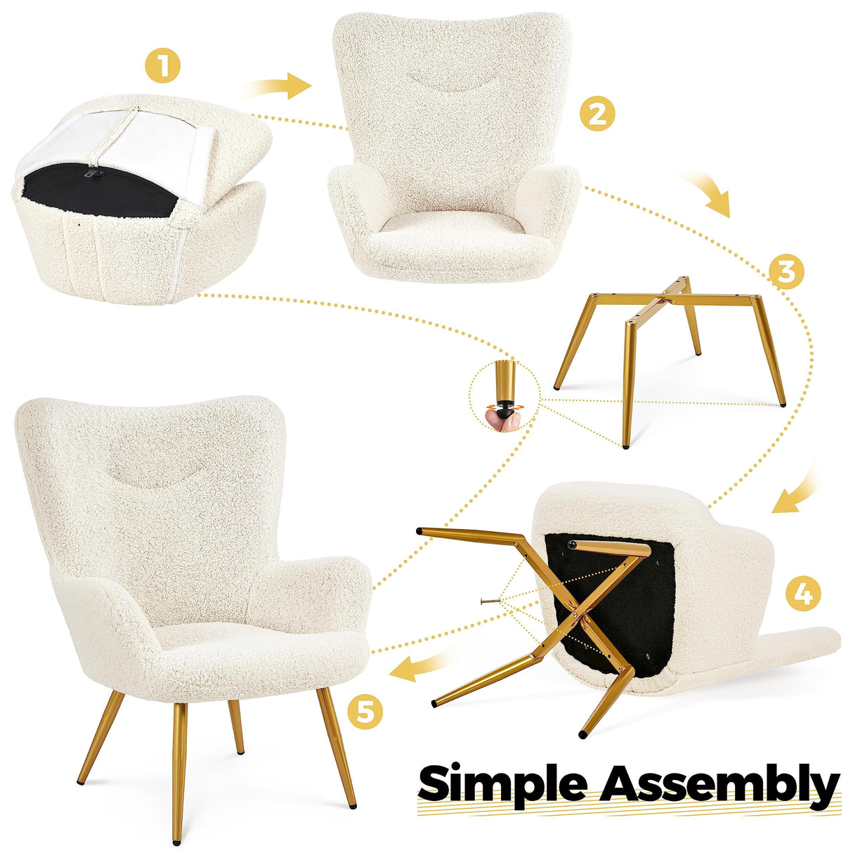 Accent Chair and Ottoman Set, Sherpa Armchair with Golden Metal Legs