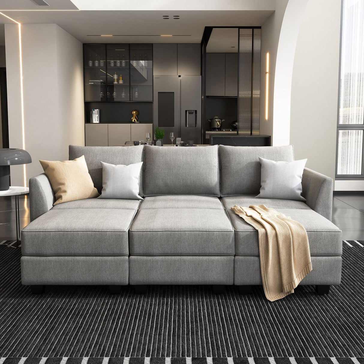 Convertible Modular Sectional Sofa with Ottomans Polyester Fabric Sleeper Sectional