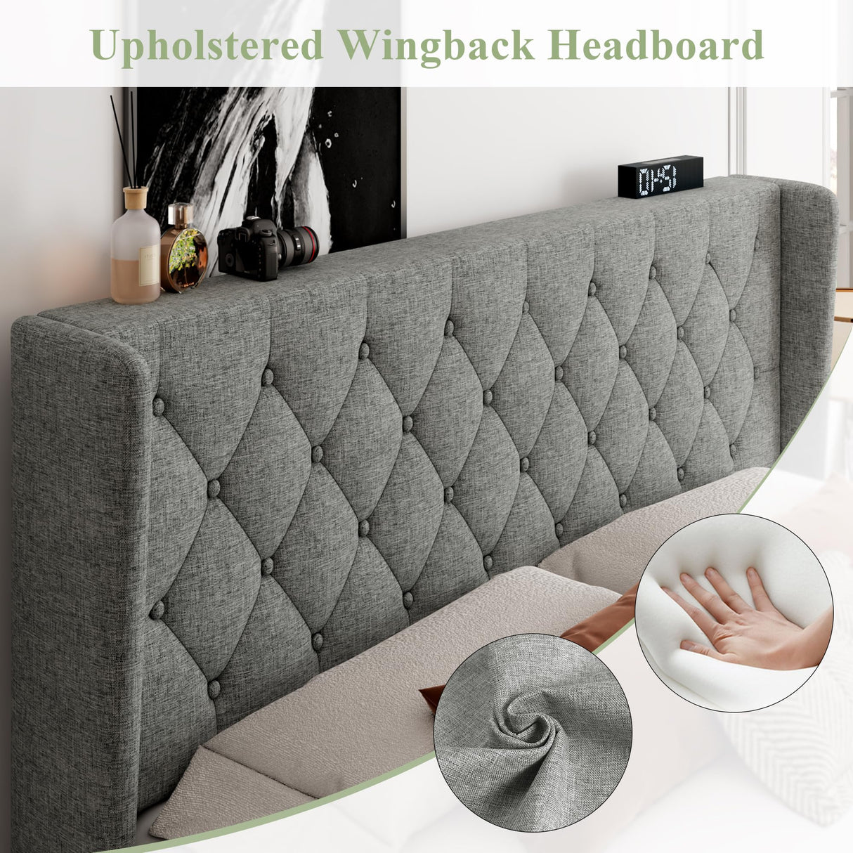 King Size Bed Frame with Wingback, Upholstered Platform Bed