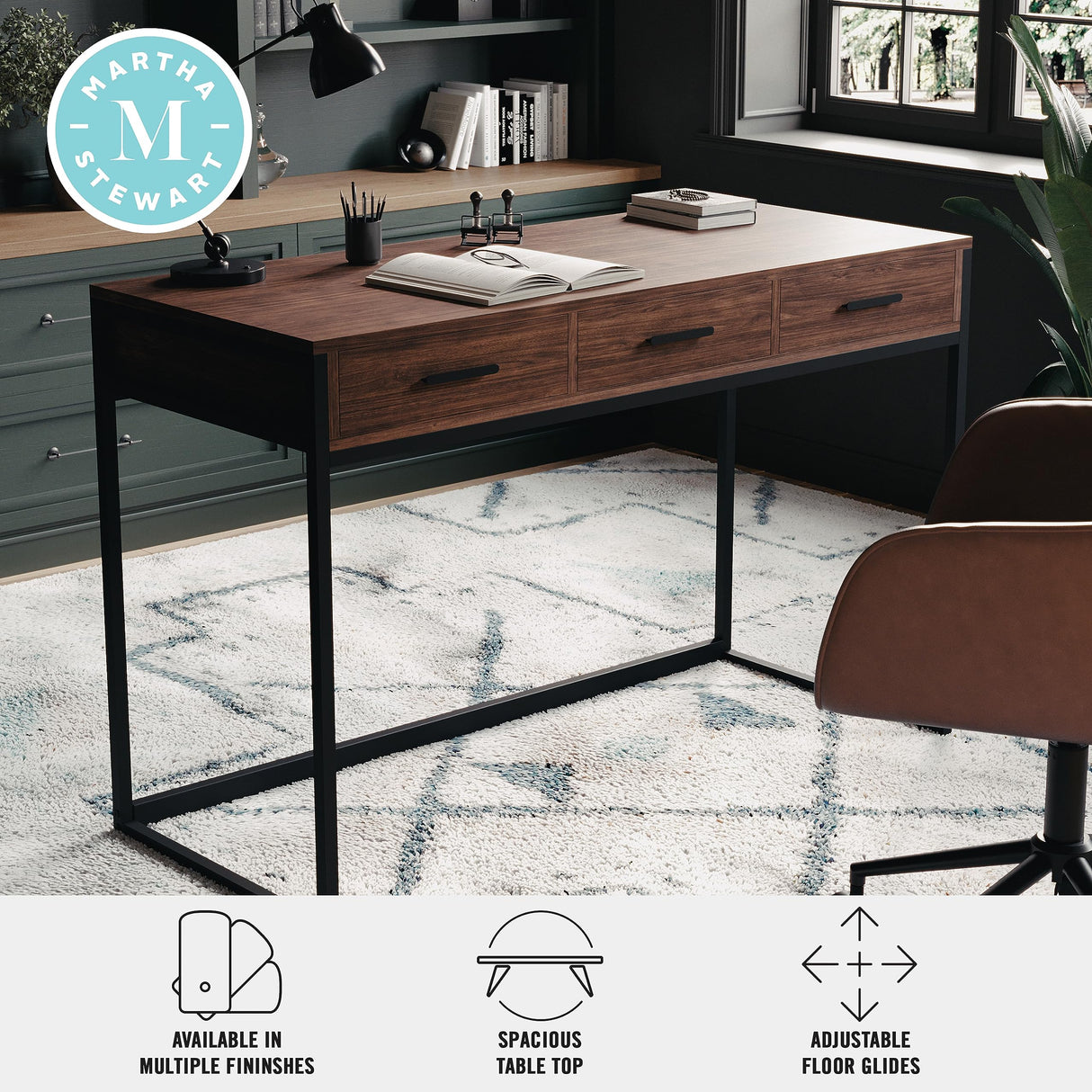 Ollie Home Office Desk with 3 Drawers in Walnut Wood Grain