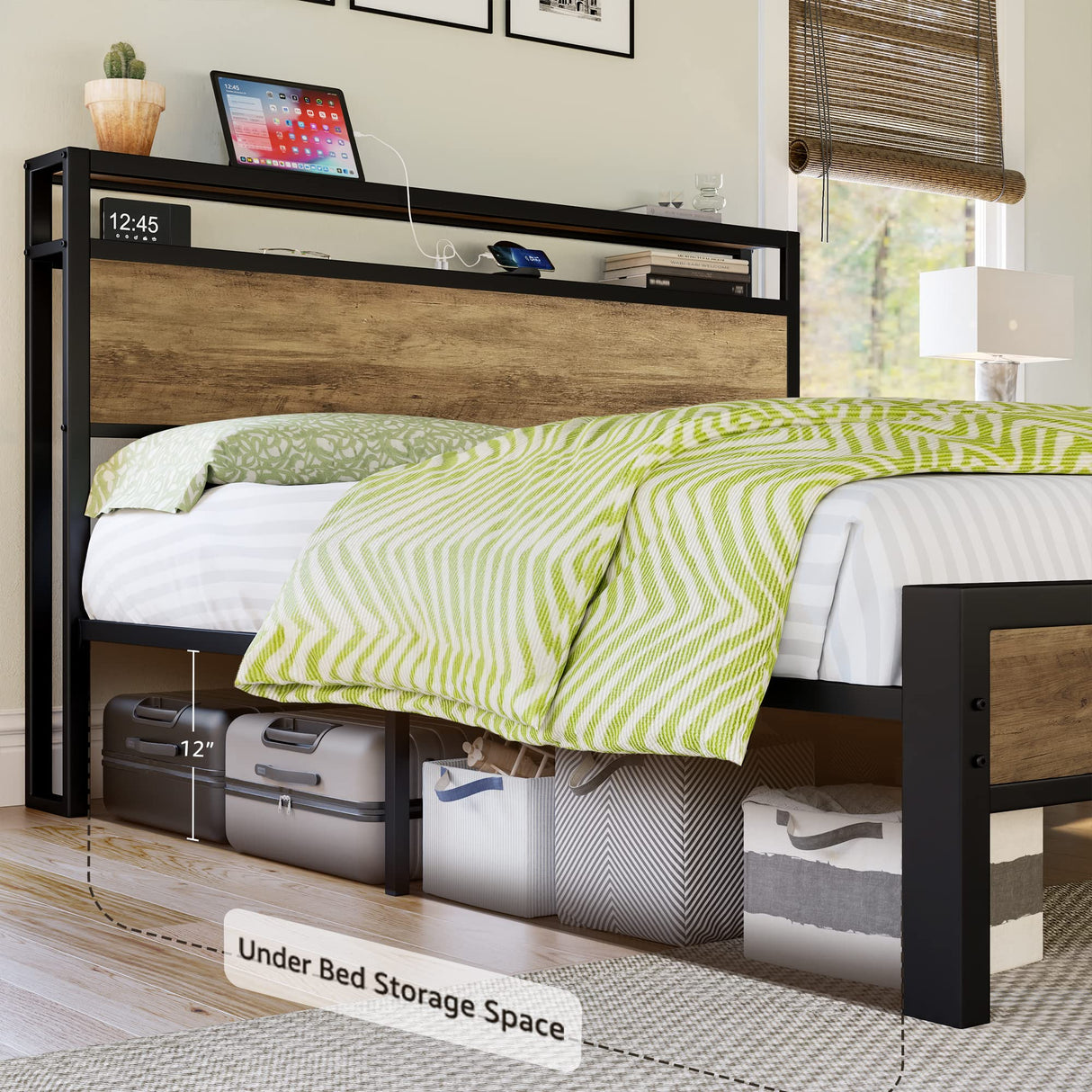Queen Size Bed Frame, Platform Bed Frame with 2-Tier Storage Headboard and Charging