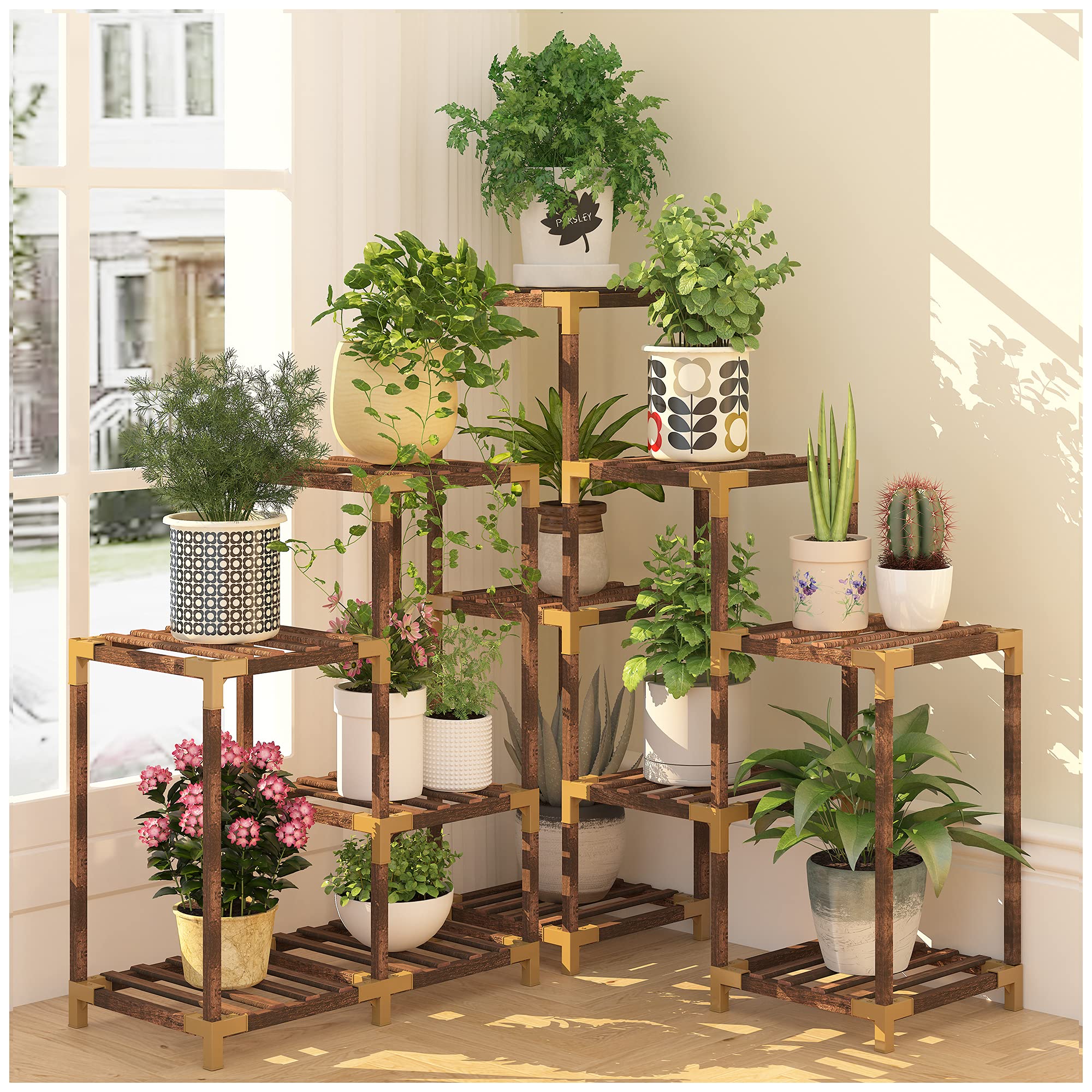 Trapezoid Wooden Plant Stand – Multi Tier Eucalyptus Wood Display Shelf