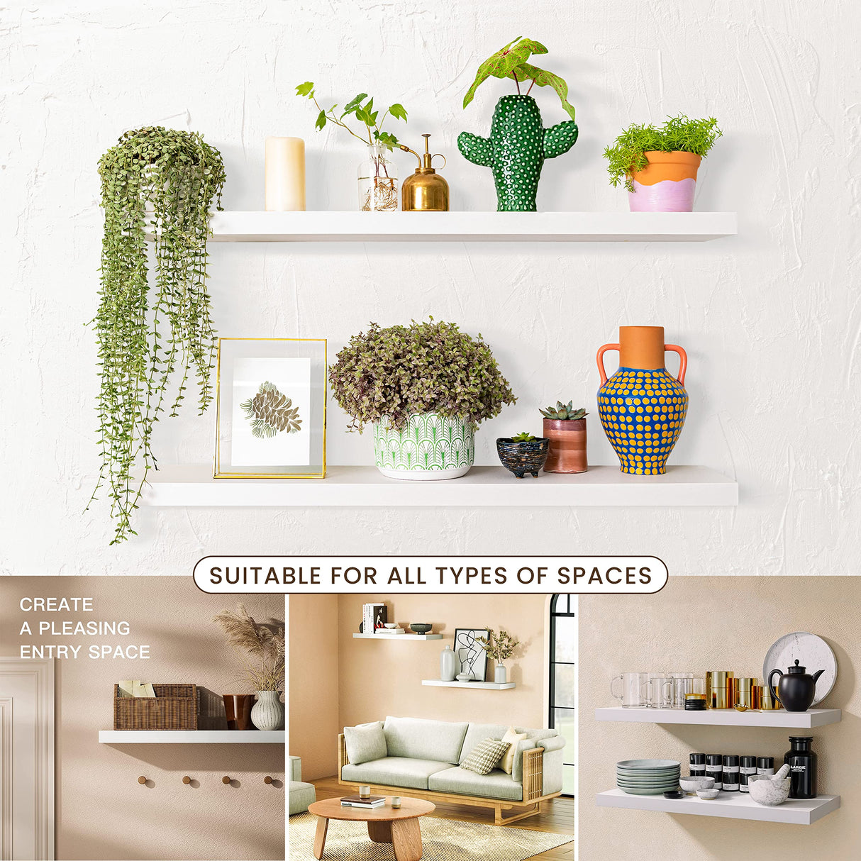 Set of 2 24" White Floating Shelves Wall Mounted for Bathroom โ Rustic Farmhouse