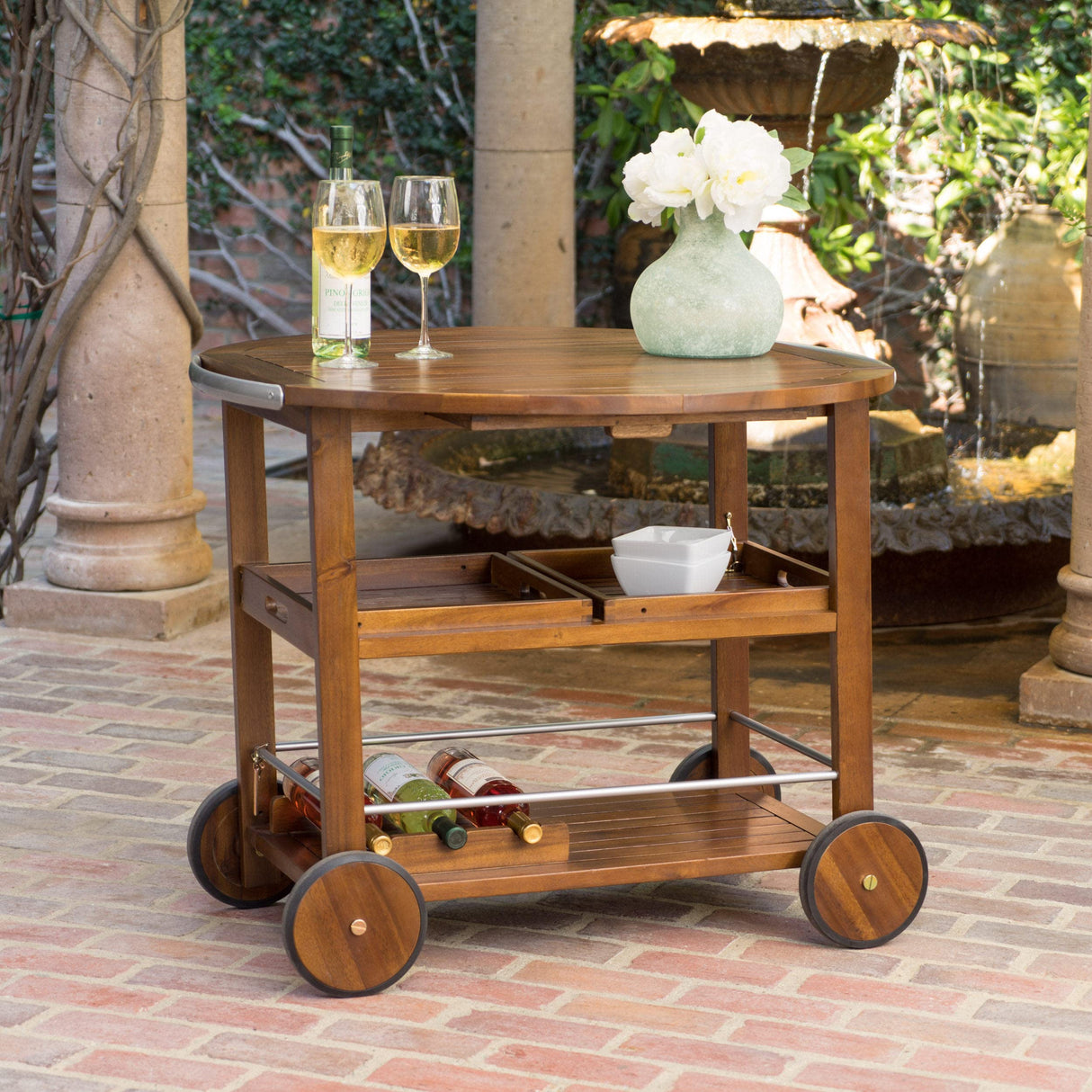 Tillary Tiller Outdoor Acacia Wood Bar Cart Aluminum Accents