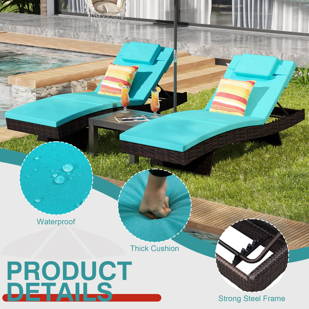 Chaise Lounge Set of 2, Rattan Wicker Patio Lounge Chairs for Outside