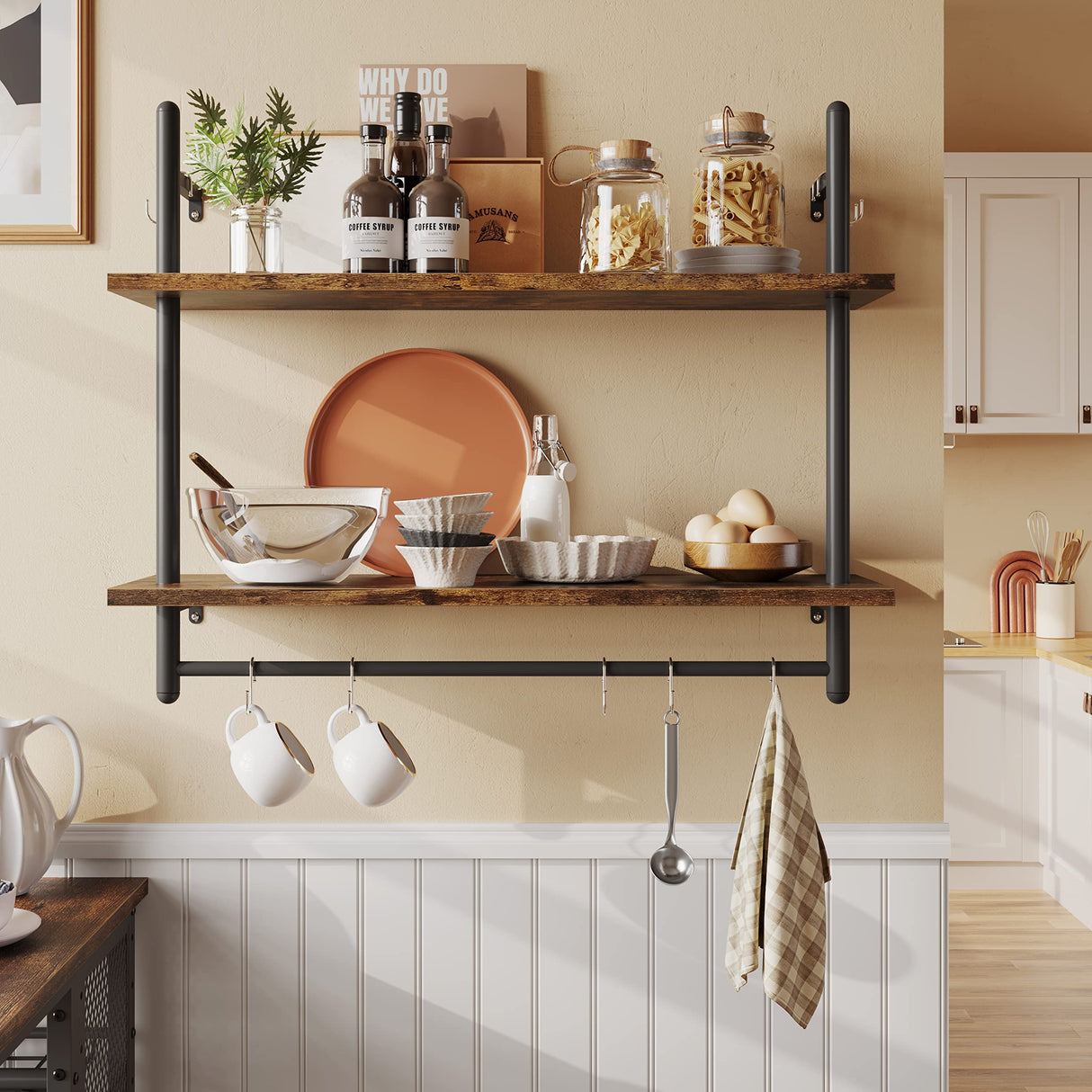 Pipe Shelf Industrial Floating Shelving Kitchen Wall-Mounted Shelf with Towel Bar Hooks