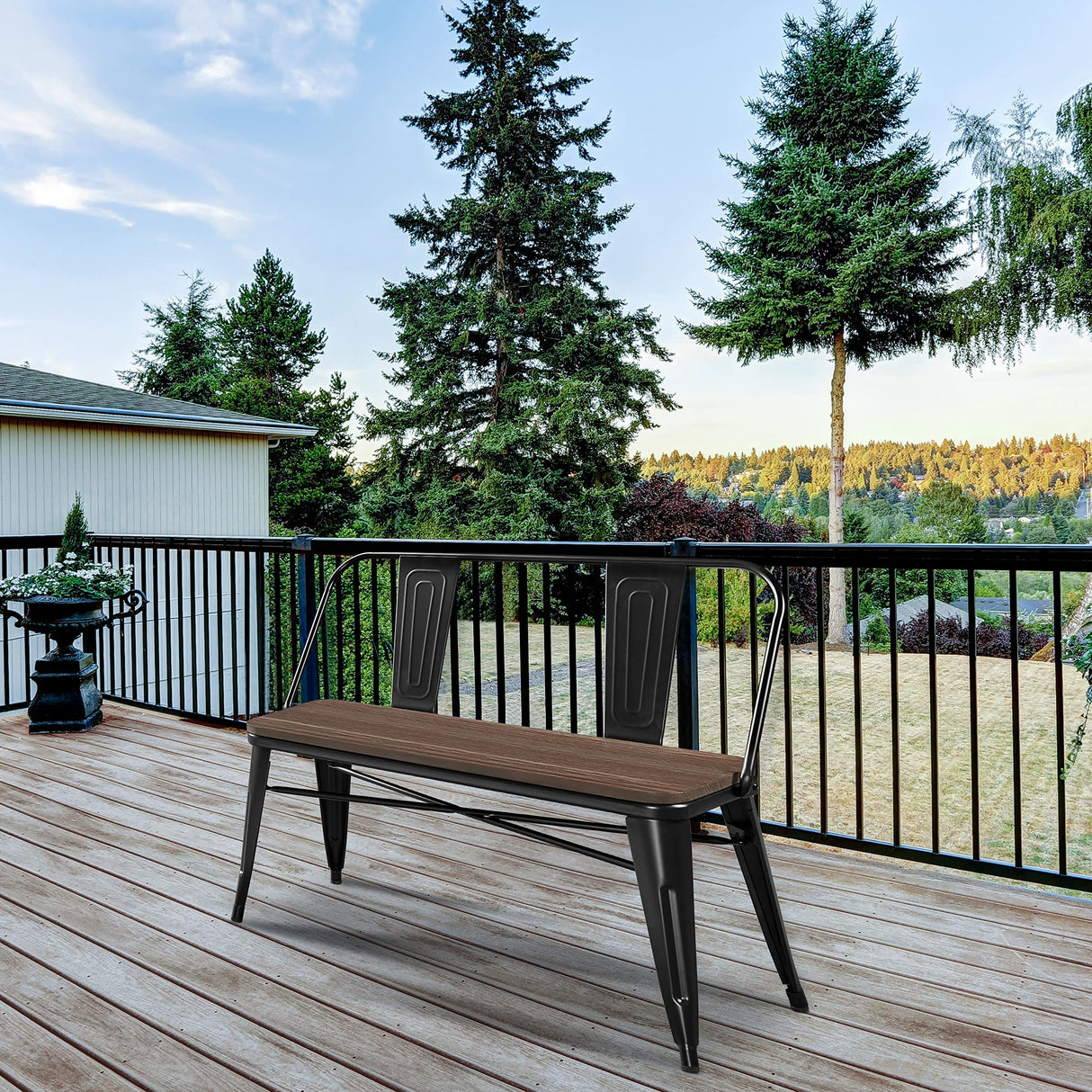Industrial Metal Bench Mid-Century 3 Person Chair Dining Room Long Bench