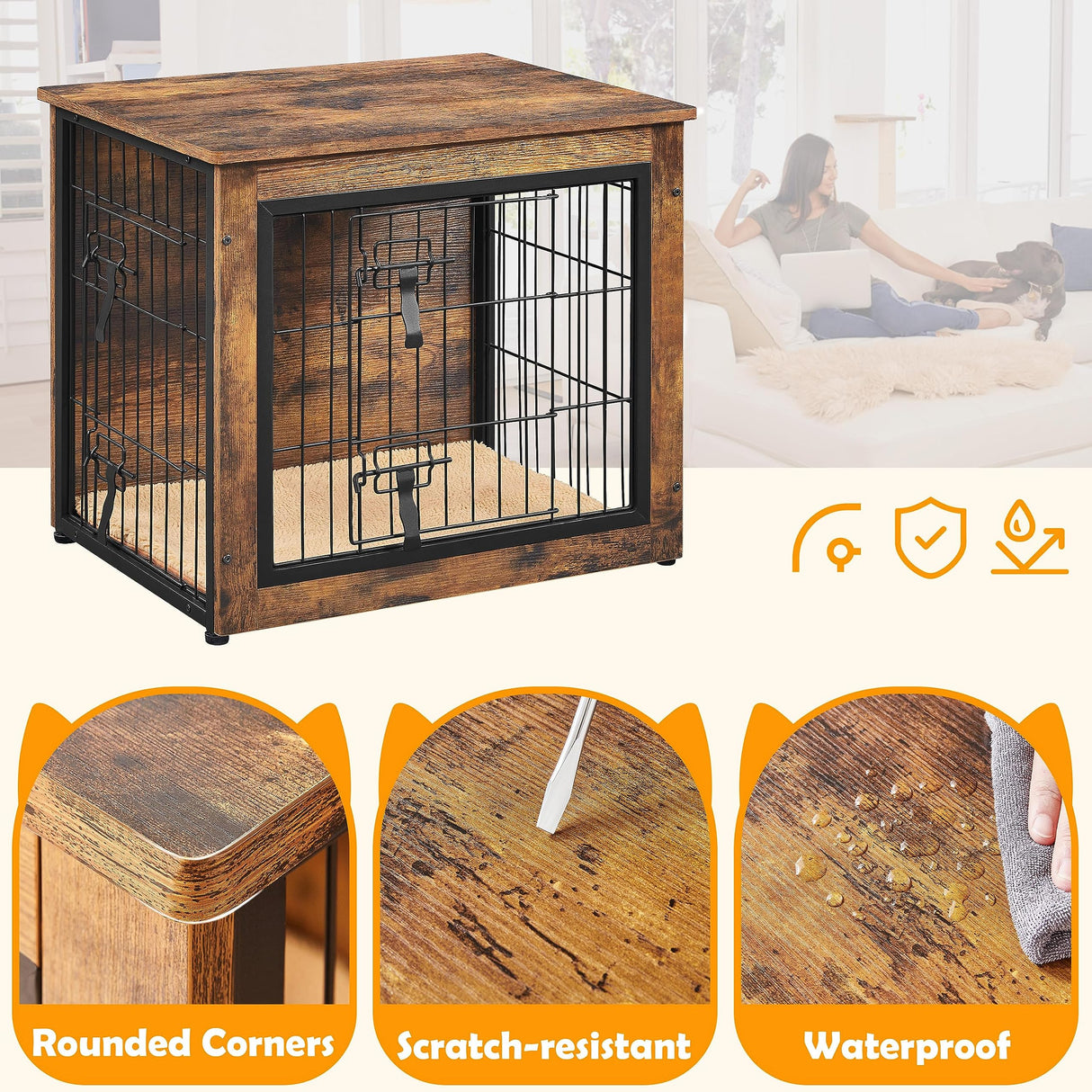 27.5'' Dog Crate Furniture with Cushion Wooden Dog Crate with Double Doors/Adjustable
