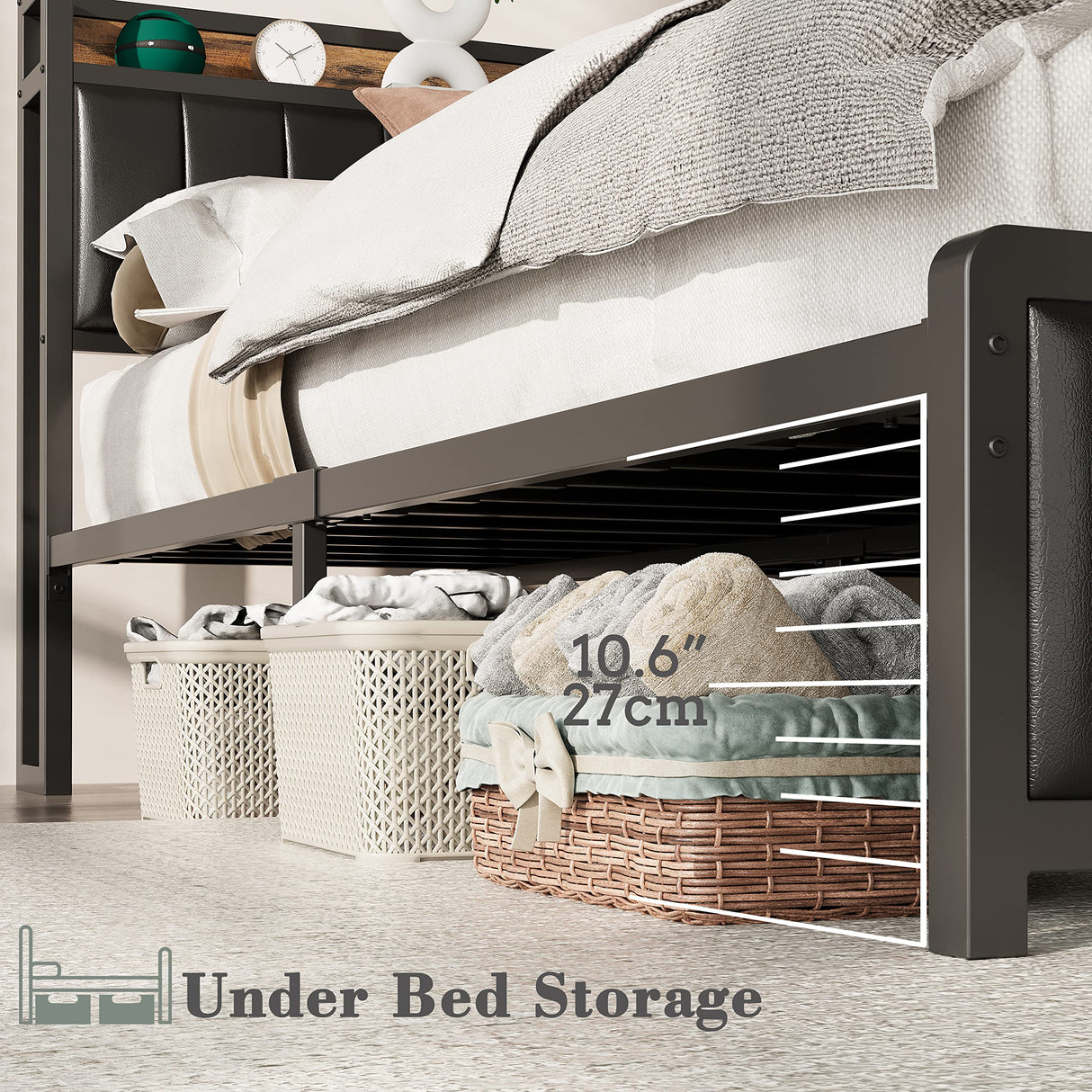 King Bed Frame with Storage Headboard & Footboard, Upholstered Platform Bed with USB