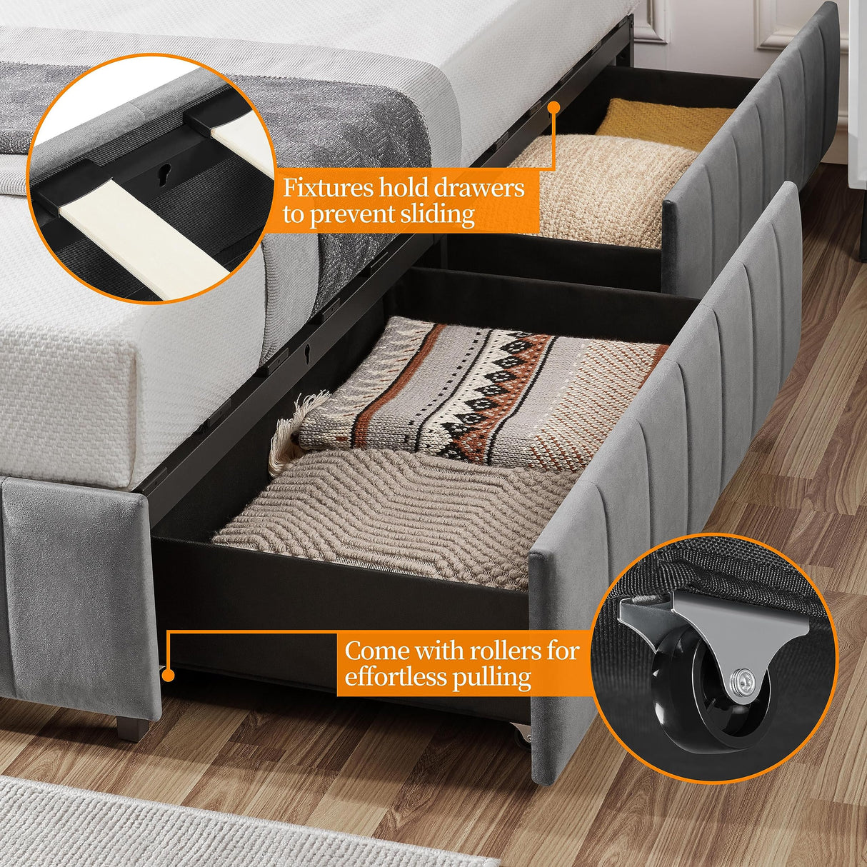 King Bed Frame with Storage – Upholstered Platform Bed with Drawers