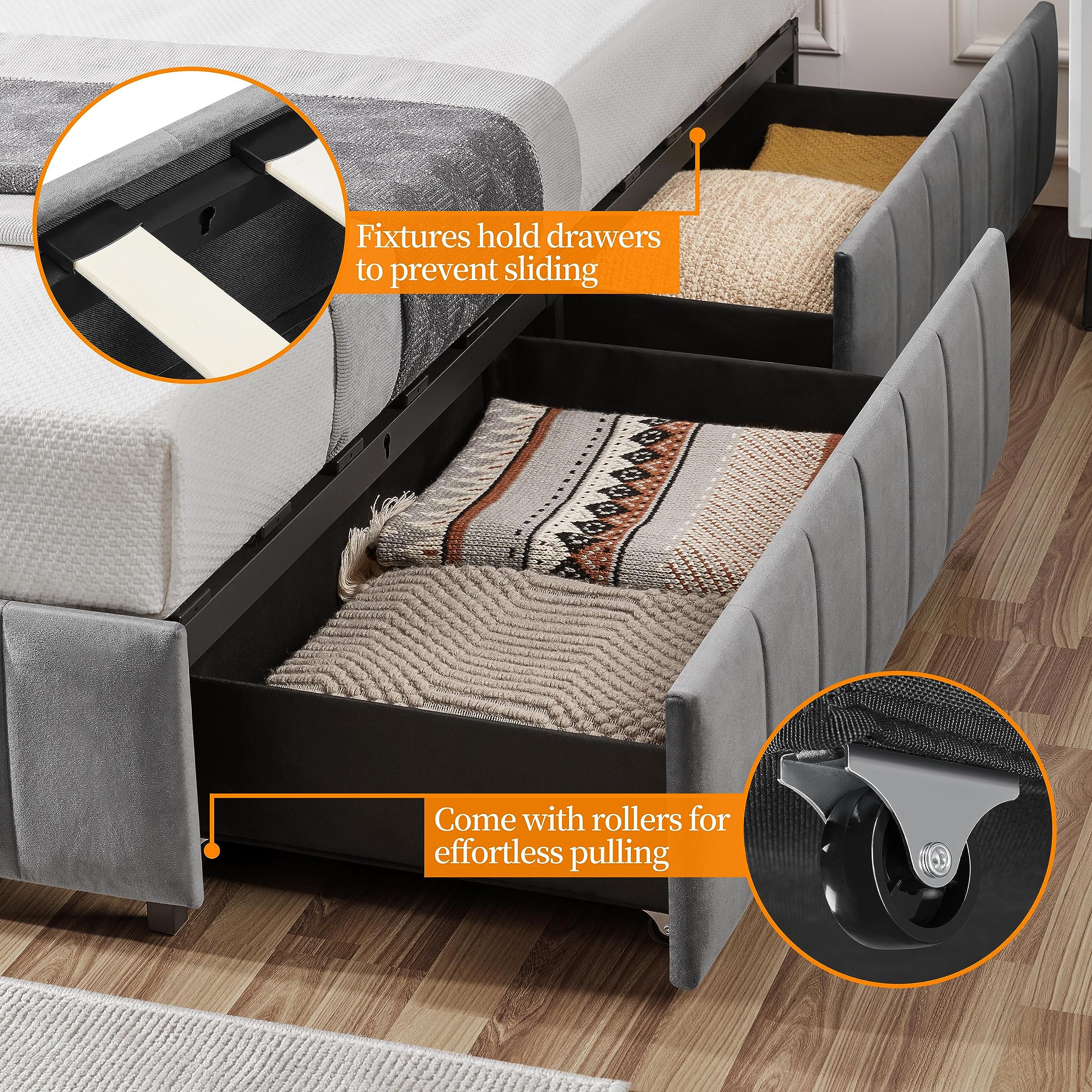 King Bed Frame with Storage – Upholstered Platform Bed with Drawers