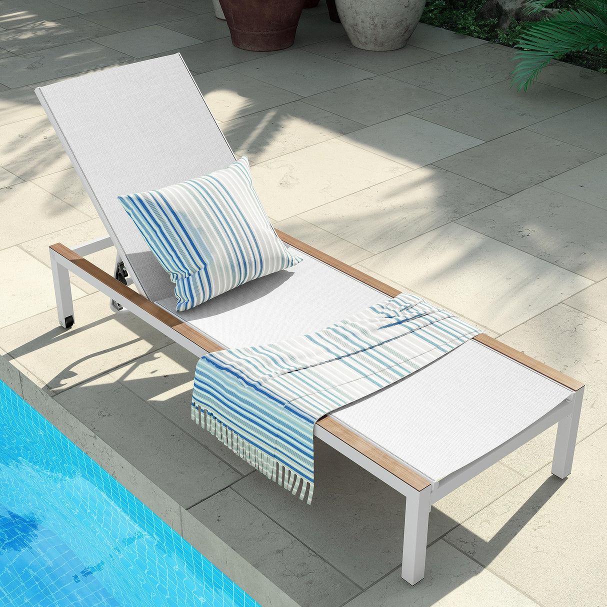 Outdoor Chaise Lounge Mesh Sling Steel Chairs with Woodgrain Texture