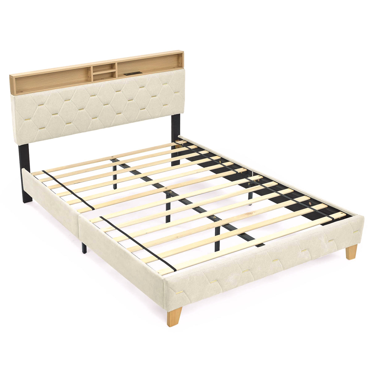 Queen Bed Frame with Storage Shelves & USB Charging Ports Headboard