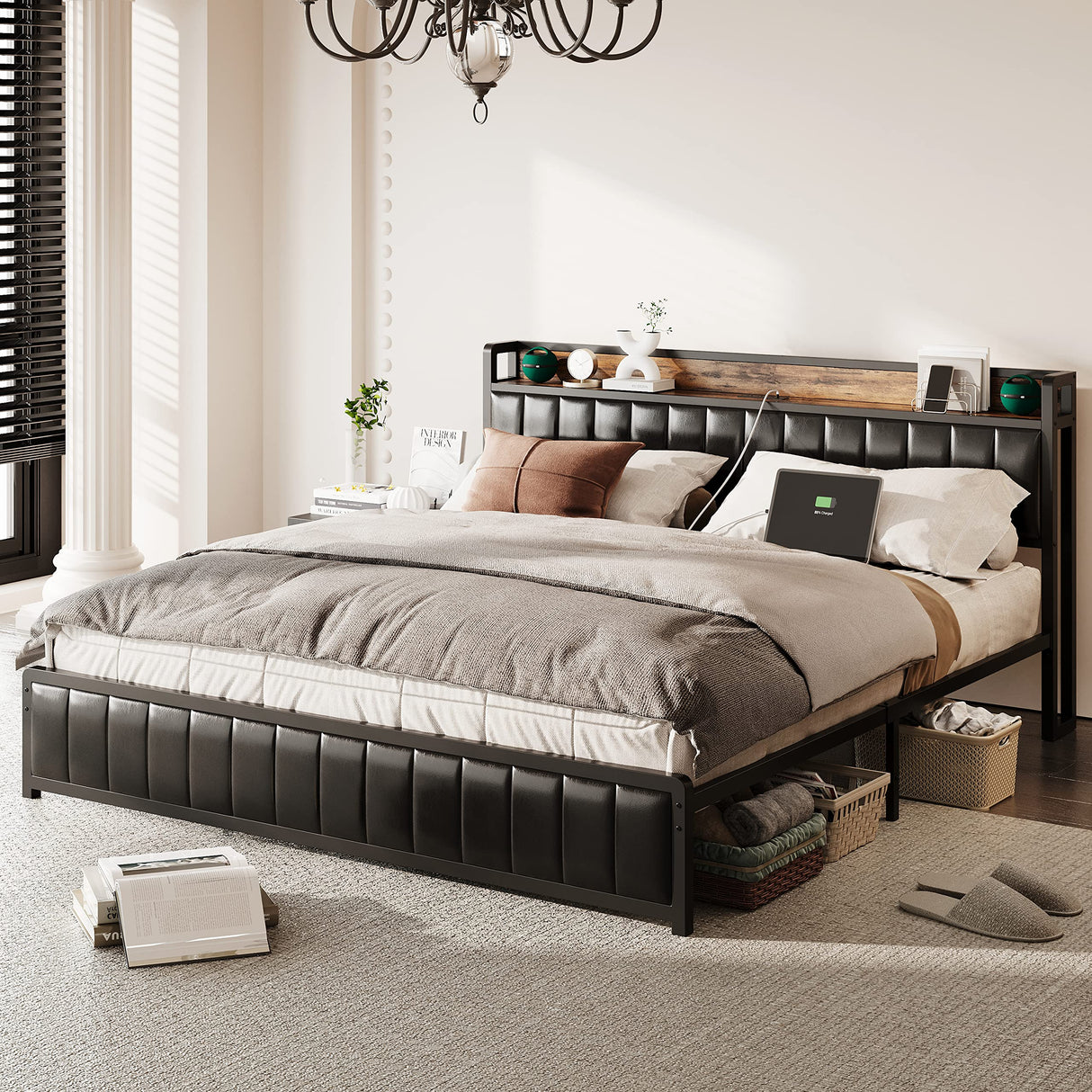 King Bed Frame with Storage Headboard & Footboard, Upholstered Platform Bed with USB
